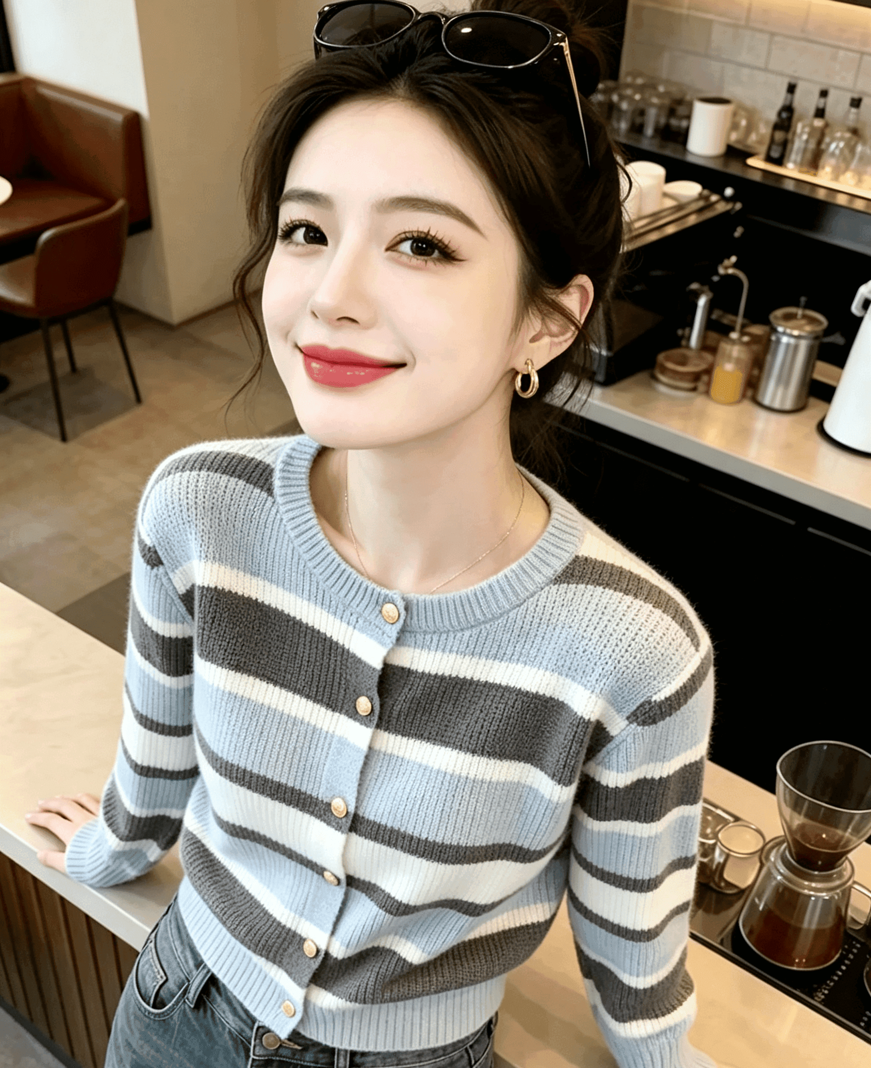 실사 가을 겨울 새로운 파란색 스트라이프 캐주얼 니트 스웨터 스웨터 긴팔 여성 의류 고급 센스 맨위 이미지 4