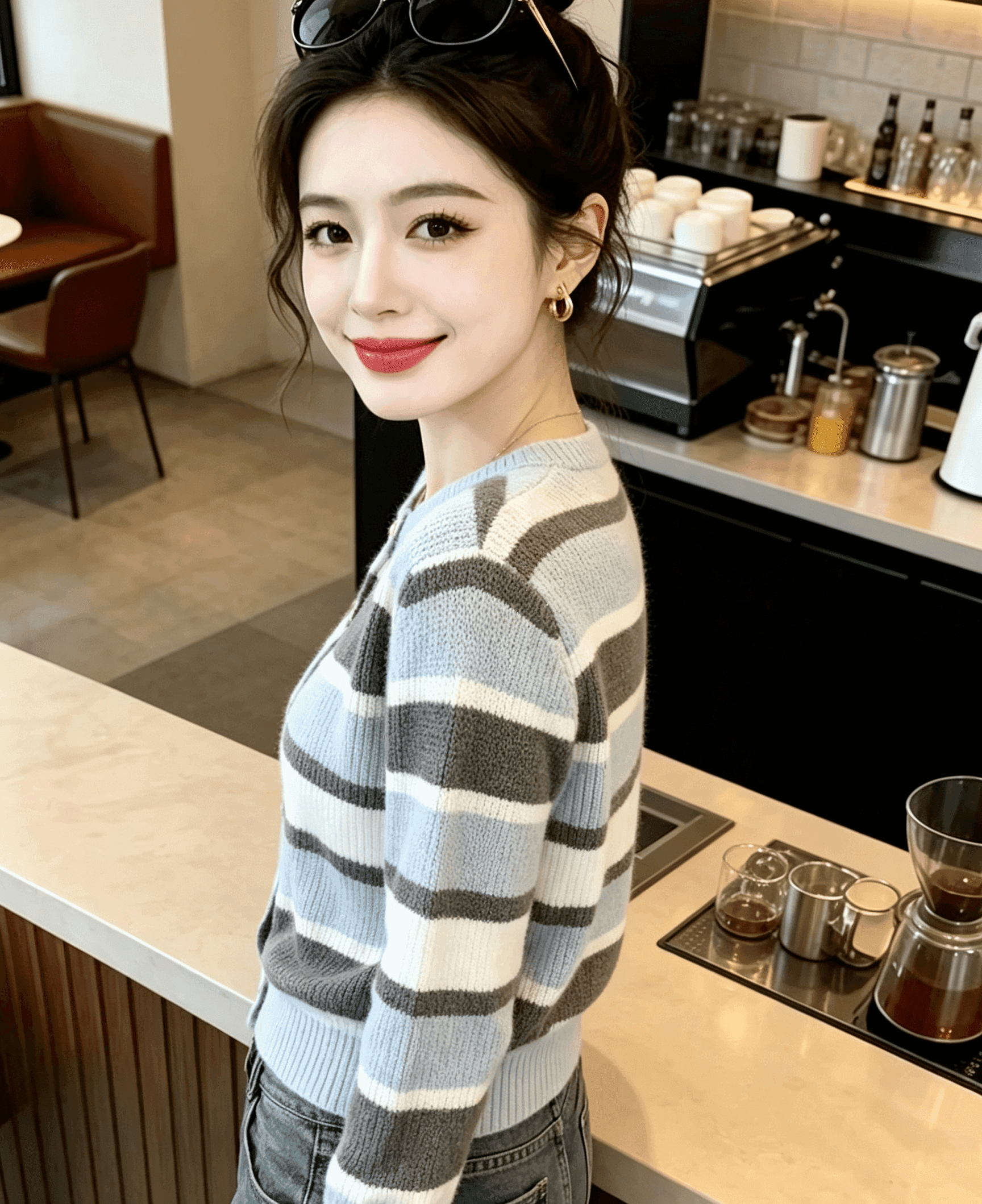 실사 가을 겨울 새로운 파란색 스트라이프 캐주얼 니트 스웨터 스웨터 긴팔 여성 의류 고급 센스 맨위 상세 이미지 4
