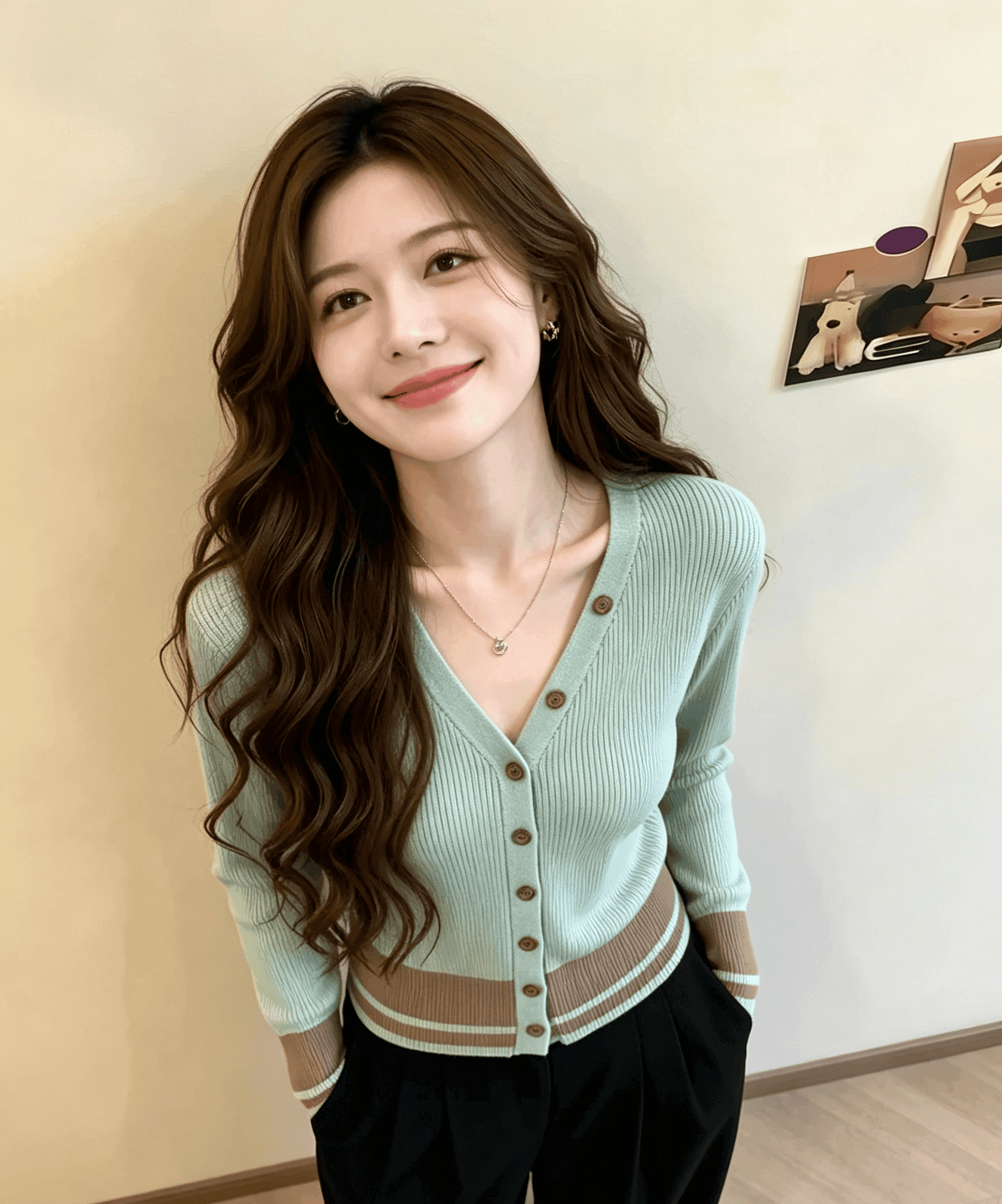 실사 디자인 센스 작은 대중 패치워크 색상 V넥 니트 스웨터 여성 이른 가을 새로운 세련된 슬림해 보이는 긴팔 오픈 가디건 맨위 한 이미지 2