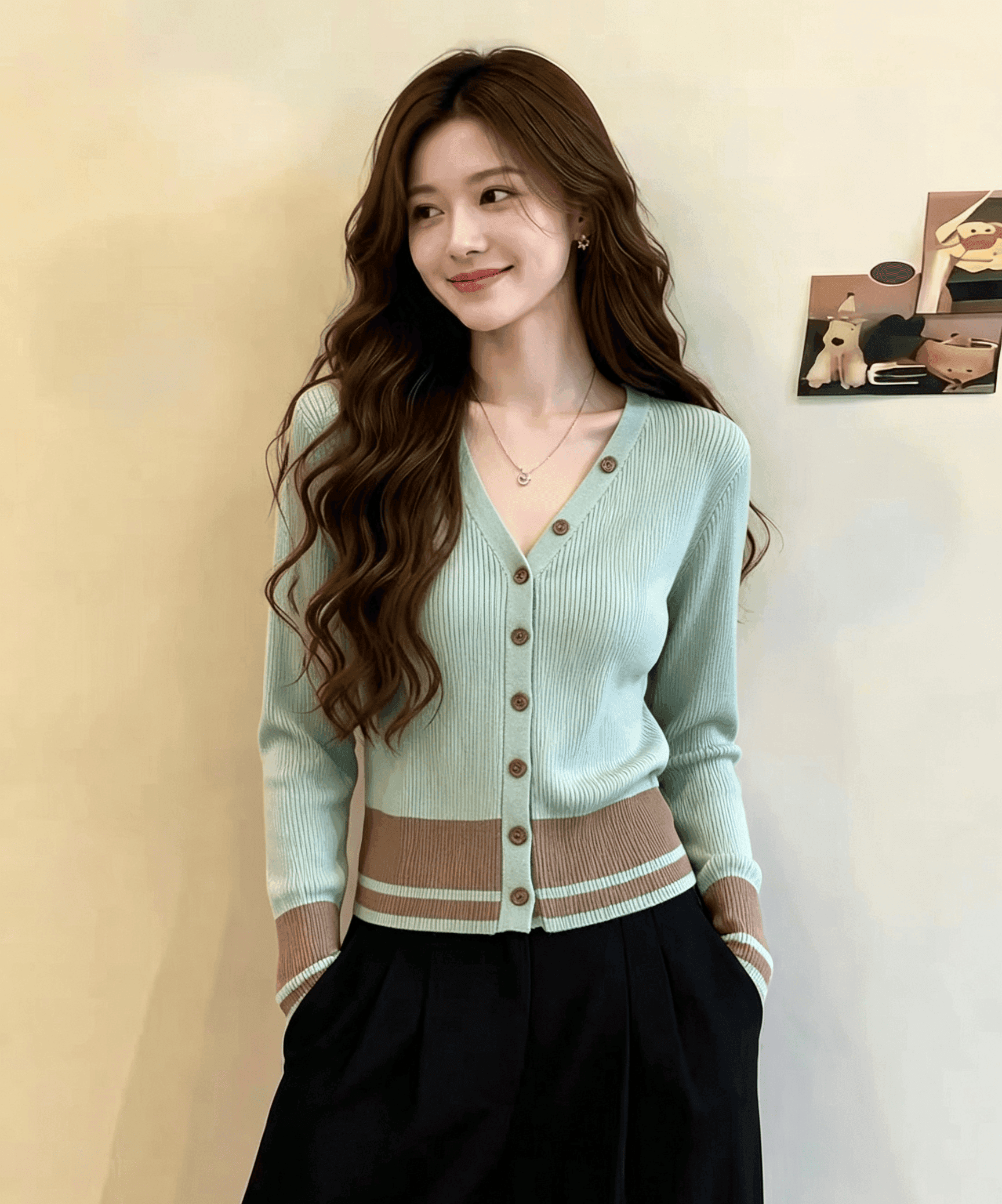 실사 디자인 센스 작은 대중 패치워크 색상 V넥 니트 스웨터 여성 이른 가을 새로운 세련된 슬림해 보이는 긴팔 오픈 가디건 맨위 한 상세 이미지 1
