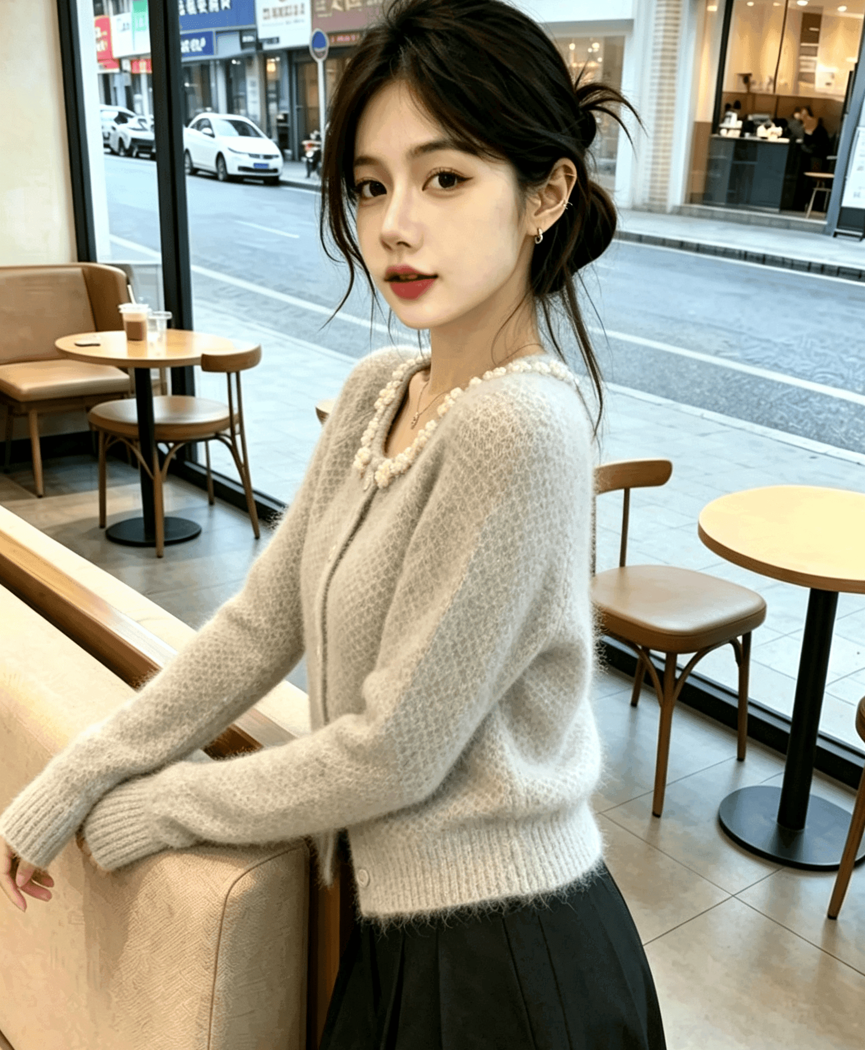 실사 회색 진주 칼라 모헤어 맨위 부드러운 찹쌀 스웨터 오픈 가디건 여성 이미지 4