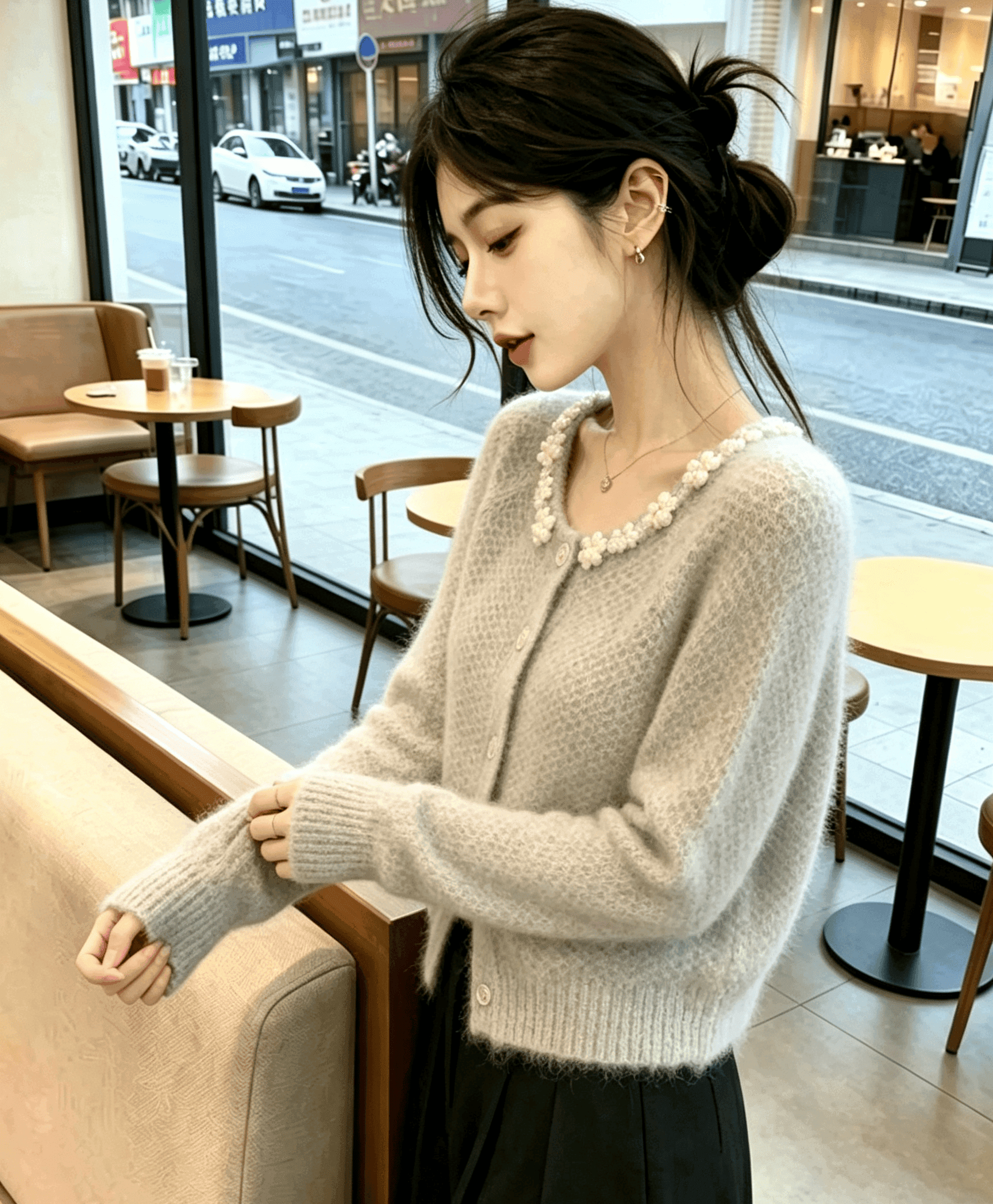 실사 회색 진주 칼라 모헤어 맨위 부드러운 찹쌀 스웨터 오픈 가디건 여성 이미지 3