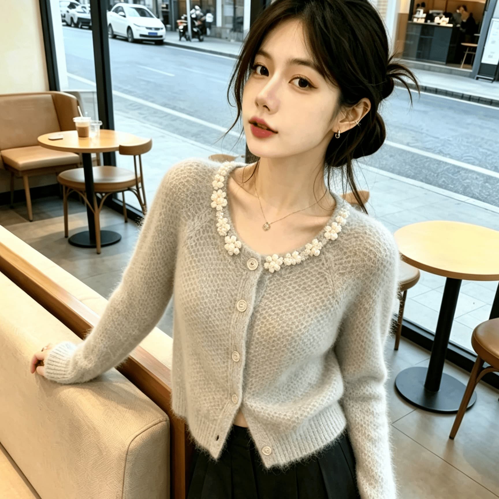 실사 회색 진주 칼라 모헤어 맨위 부드러운 찹쌀 스웨터 오픈 가디건 여성 이미지 5