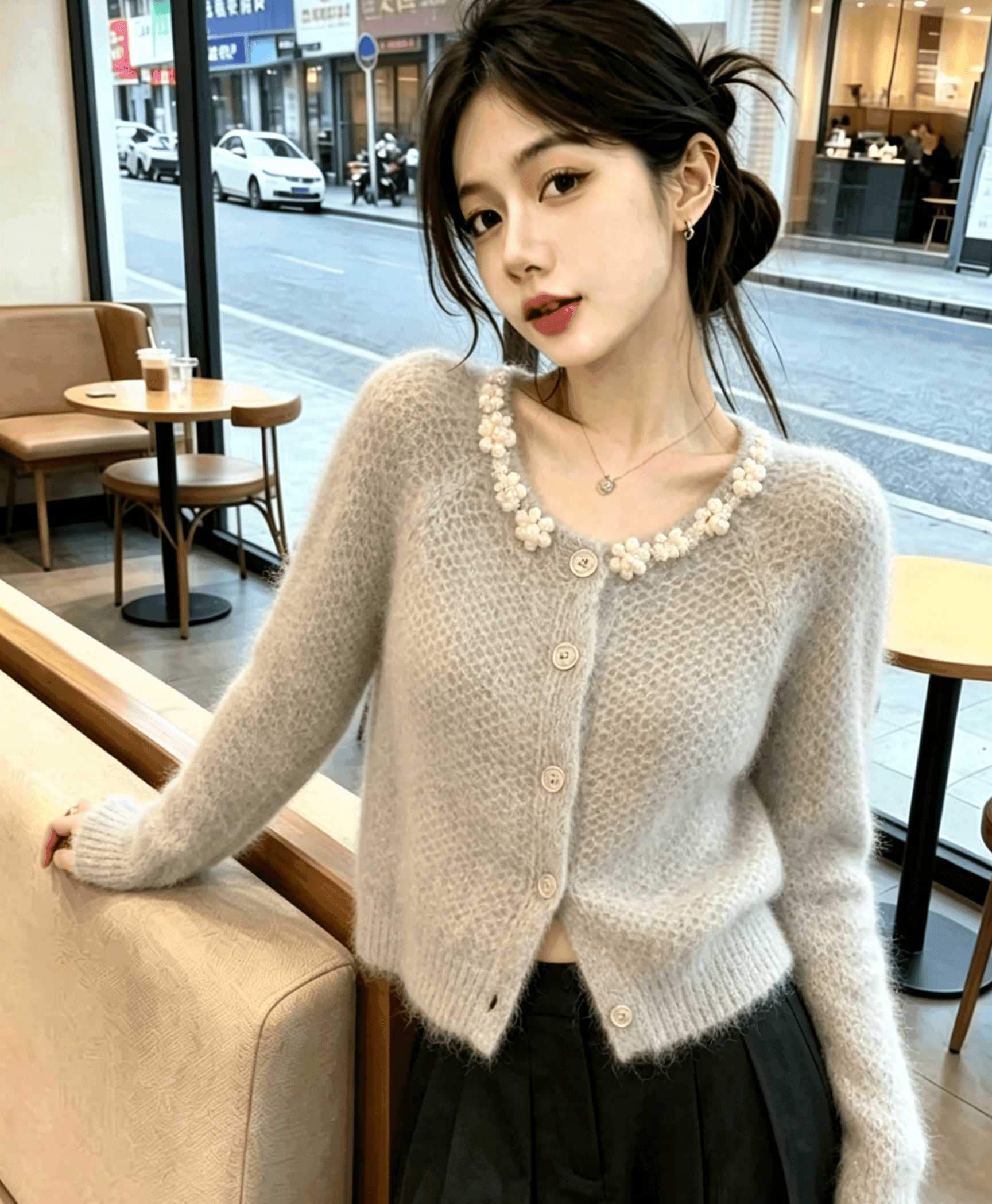 실사 회색 진주 칼라 모헤어 맨위 부드러운 찹쌀 스웨터 오픈 가디건 여성 상세 이미지 1
