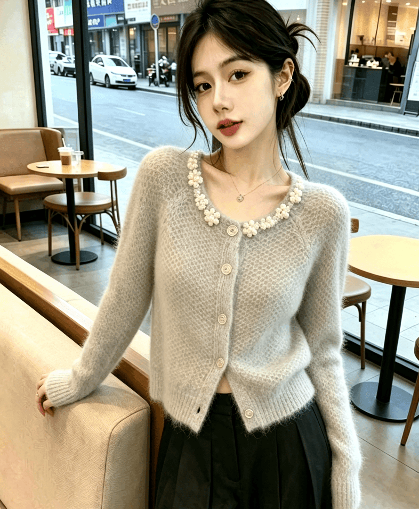 실사 회색 진주 칼라 모헤어 맨위 부드러운 찹쌀 스웨터 오픈 가디건 여성 상세 이미지 6