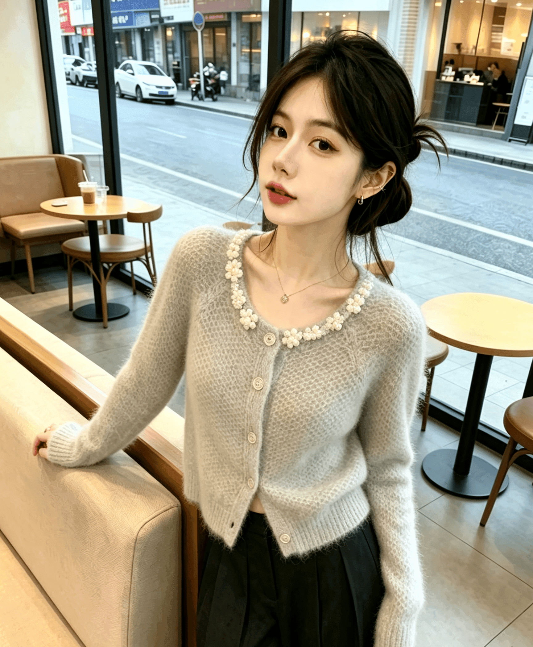실사 회색 진주 칼라 모헤어 맨위 부드러운 찹쌀 스웨터 오픈 가디건 여성 상세 이미지 7