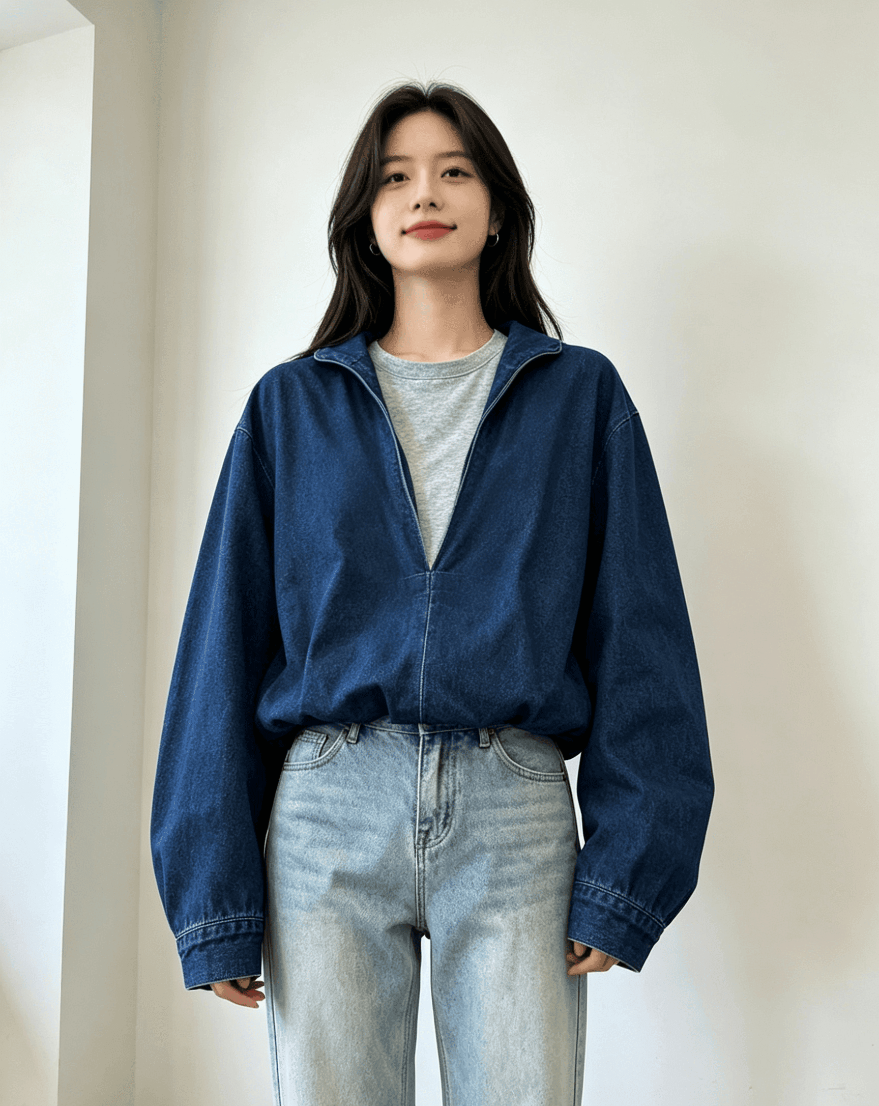 실사 아름다운 유럽 상품 빛 럭셔리 작은 대중 디자인 고급 센스 슈퍼 잘 생긴 외국 가스 세련된 진한 파란색 데님 재킷 이미지 4