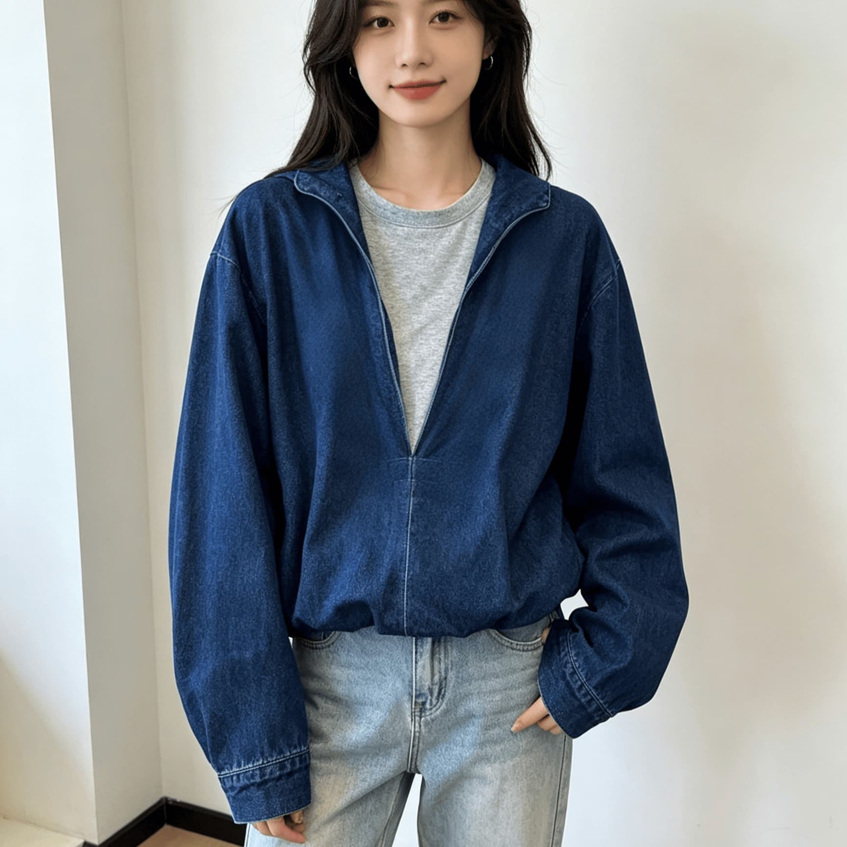 실사 아름다운 유럽 상품 빛 럭셔리 작은 대중 디자인 고급 센스 슈퍼 잘 생긴 외국 가스 세련된 진한 파란색 데님 재킷 이미지 5