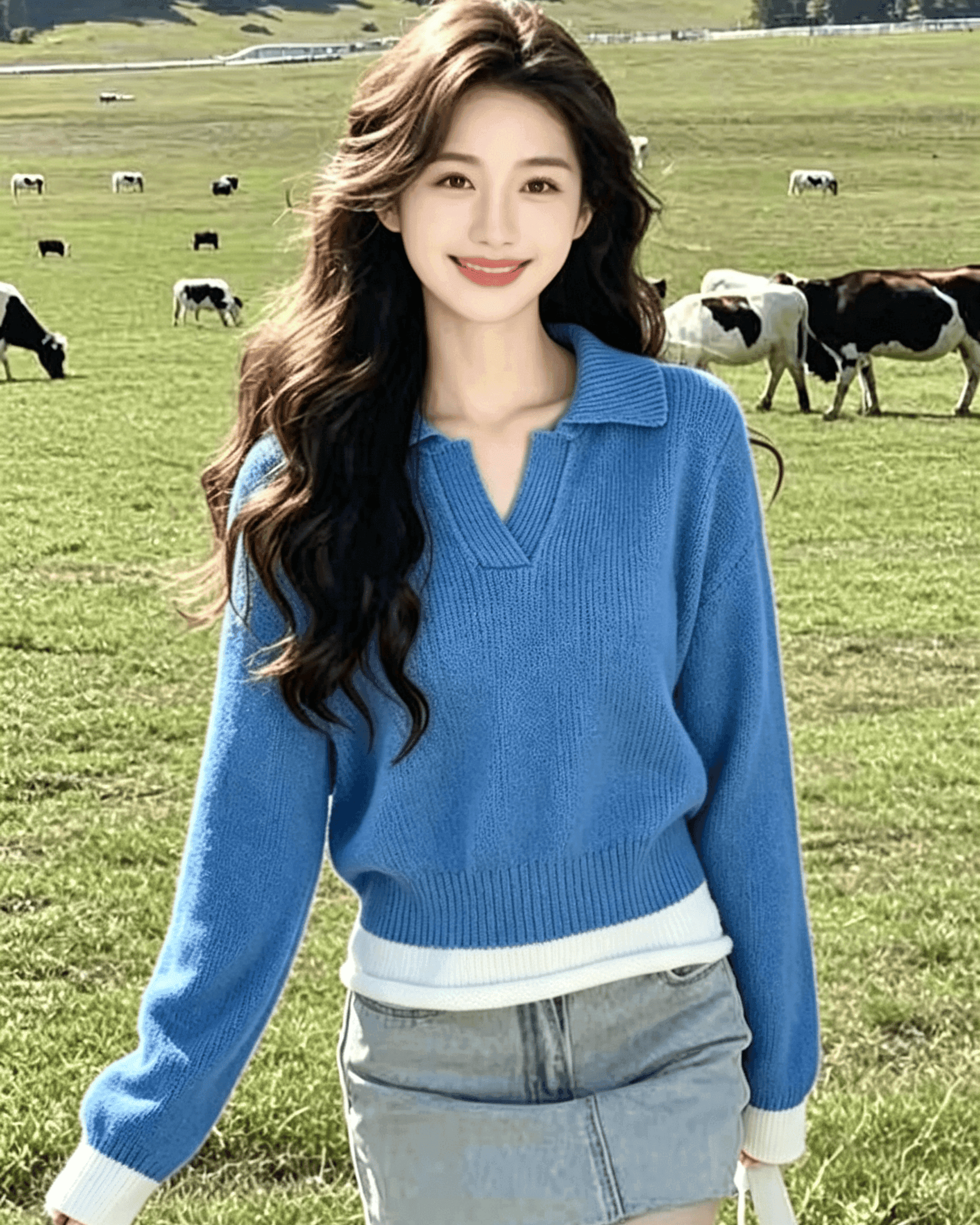 실사 파란색 POLO 칼라 양모 니트 스웨터 여성 2026 년 한 부서 패션 외국 가스 긴팔 스웨터 이미지 2