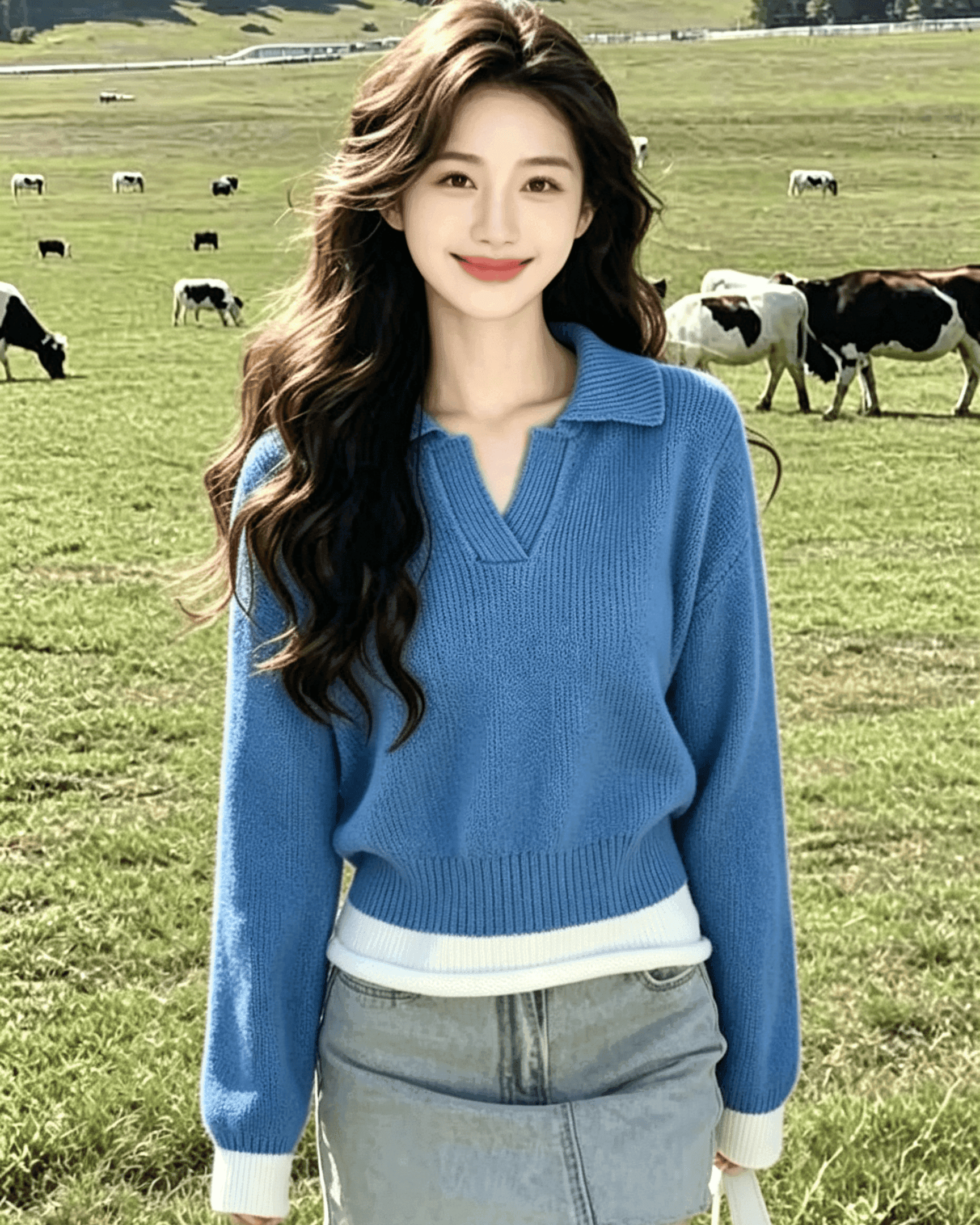 실사 파란색 POLO 칼라 양모 니트 스웨터 여성 2026 년 한 부서 패션 외국 가스 긴팔 스웨터 이미지 4