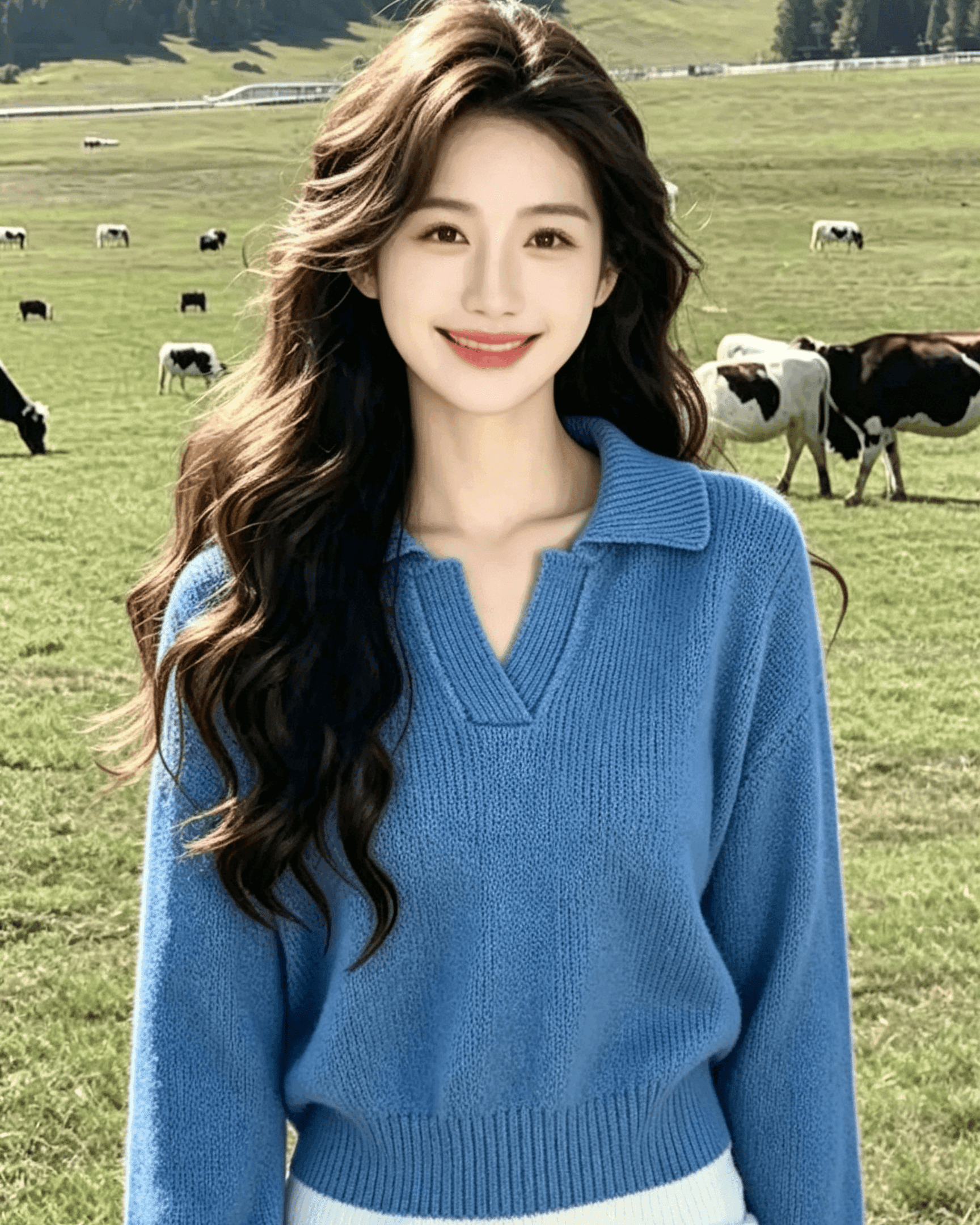 실사 파란색 POLO 칼라 양모 니트 스웨터 여성 2026 년 한 부서 패션 외국 가스 긴팔 스웨터 이미지 3