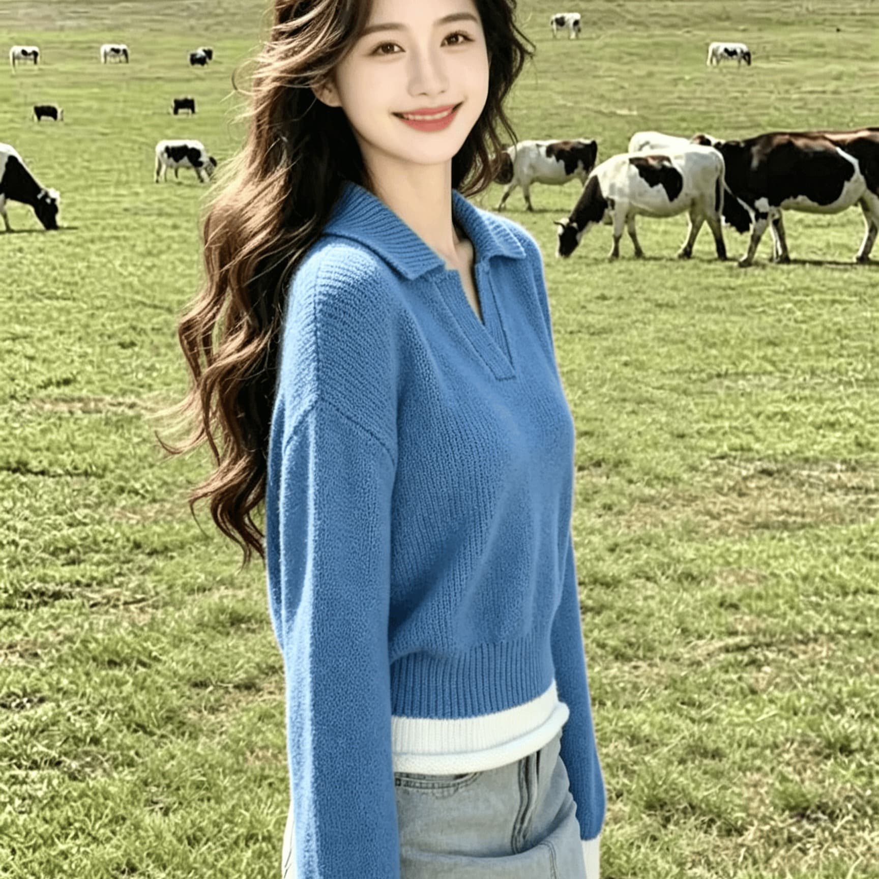실사 파란색 POLO 칼라 양모 니트 스웨터 여성 2026 년 한 부서 패션 외국 가스 긴팔 스웨터 이미지 6