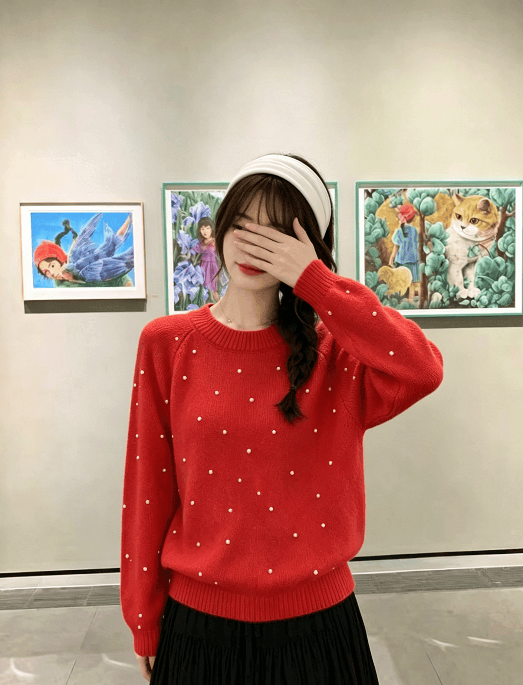 실사 빨간색 스팽글 너구리 플러시 풀오버 여성 겨울 루즈핏 느긋한 바람 부드러운 찹쌀 두꺼운 무거운 작업 니트 스웨터 이미지 3