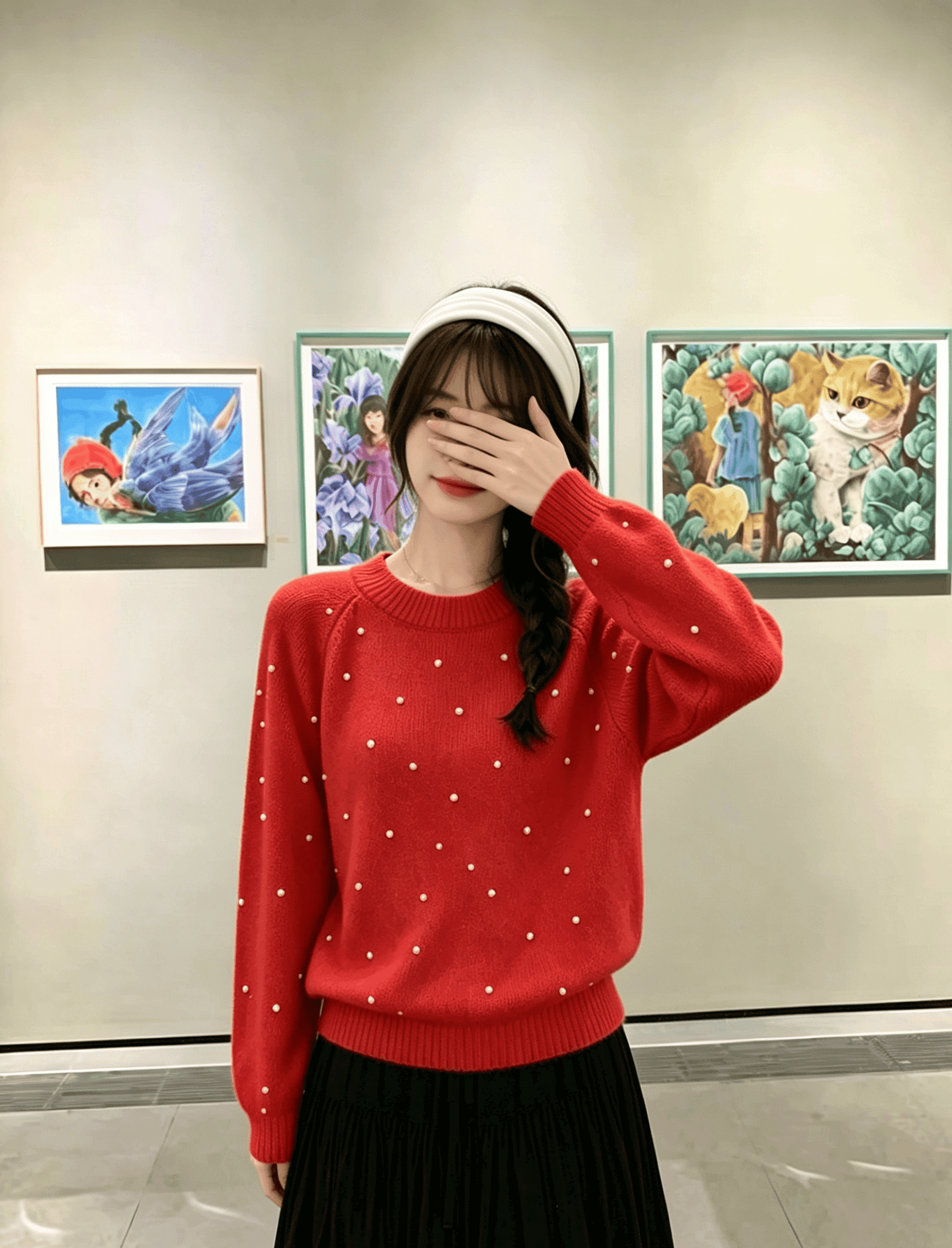 실사 빨간색 스팽글 너구리 플러시 풀오버 여성 겨울 루즈핏 느긋한 바람 부드러운 찹쌀 두꺼운 무거운 작업 니트 스웨터 이미지 2