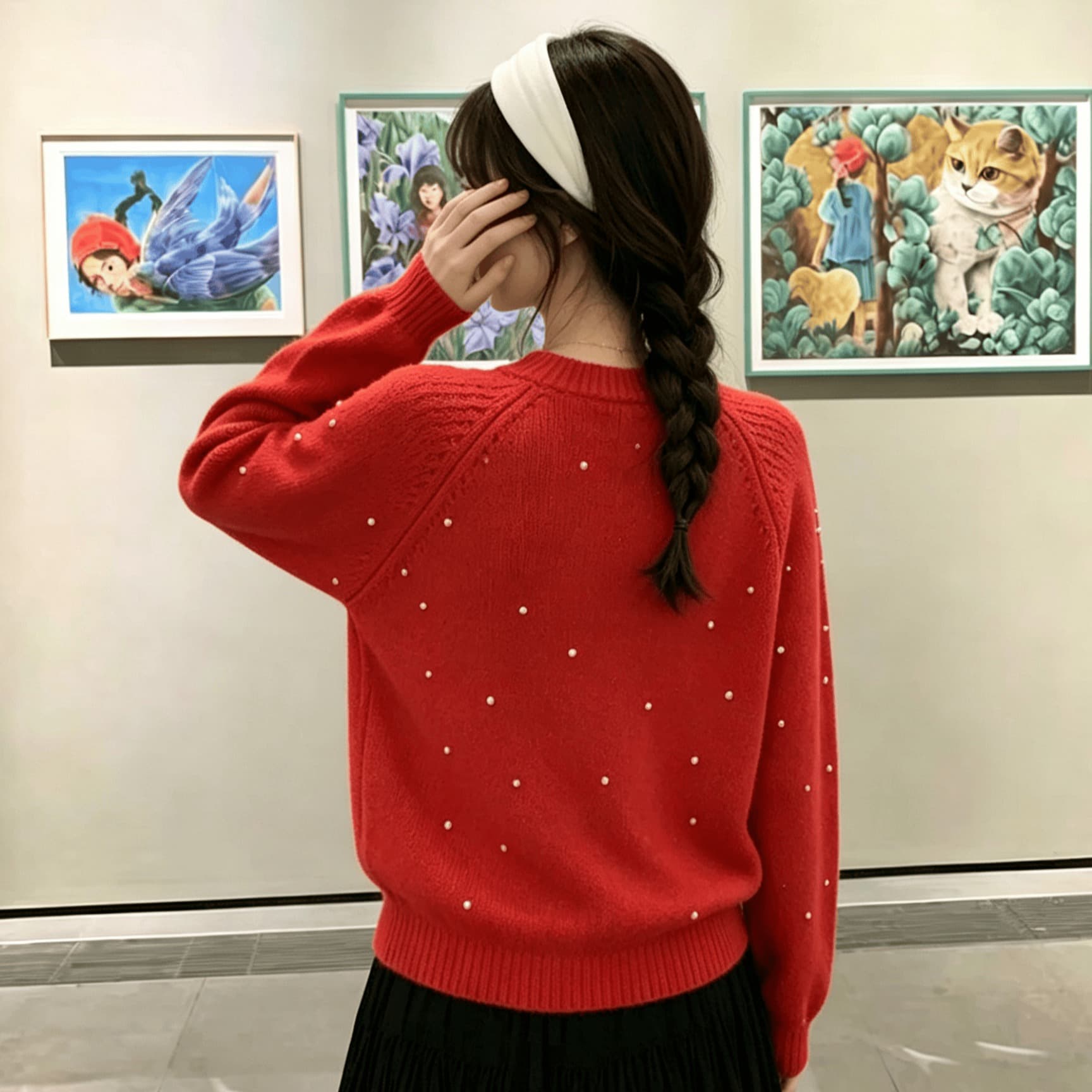 실사 빨간색 스팽글 너구리 플러시 풀오버 여성 겨울 루즈핏 느긋한 바람 부드러운 찹쌀 두꺼운 무거운 작업 니트 스웨터 이미지 6