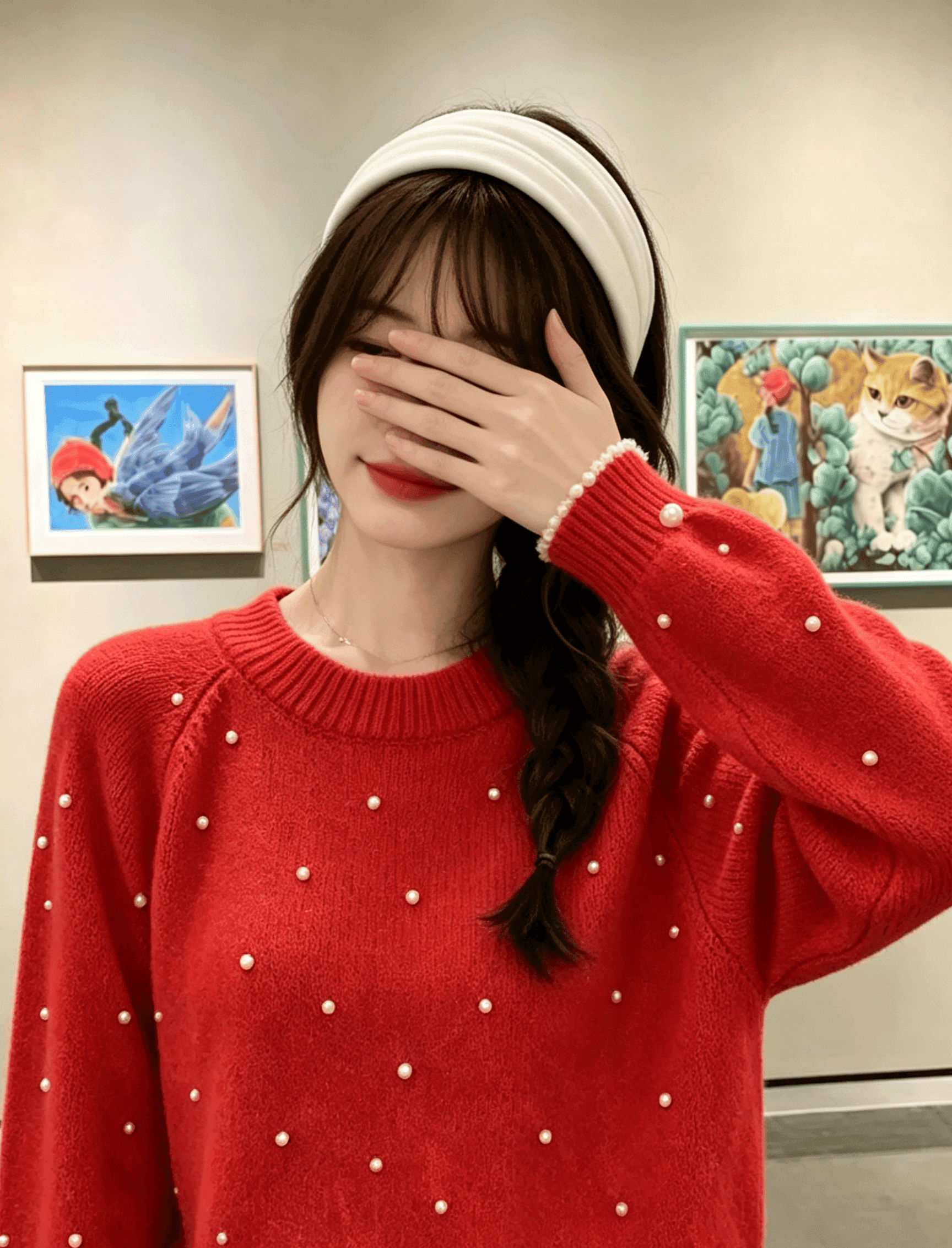 실사 빨간색 스팽글 너구리 플러시 풀오버 여성 겨울 루즈핏 느긋한 바람 부드러운 찹쌀 두꺼운 무거운 작업 니트 스웨터 상세 이미지 4