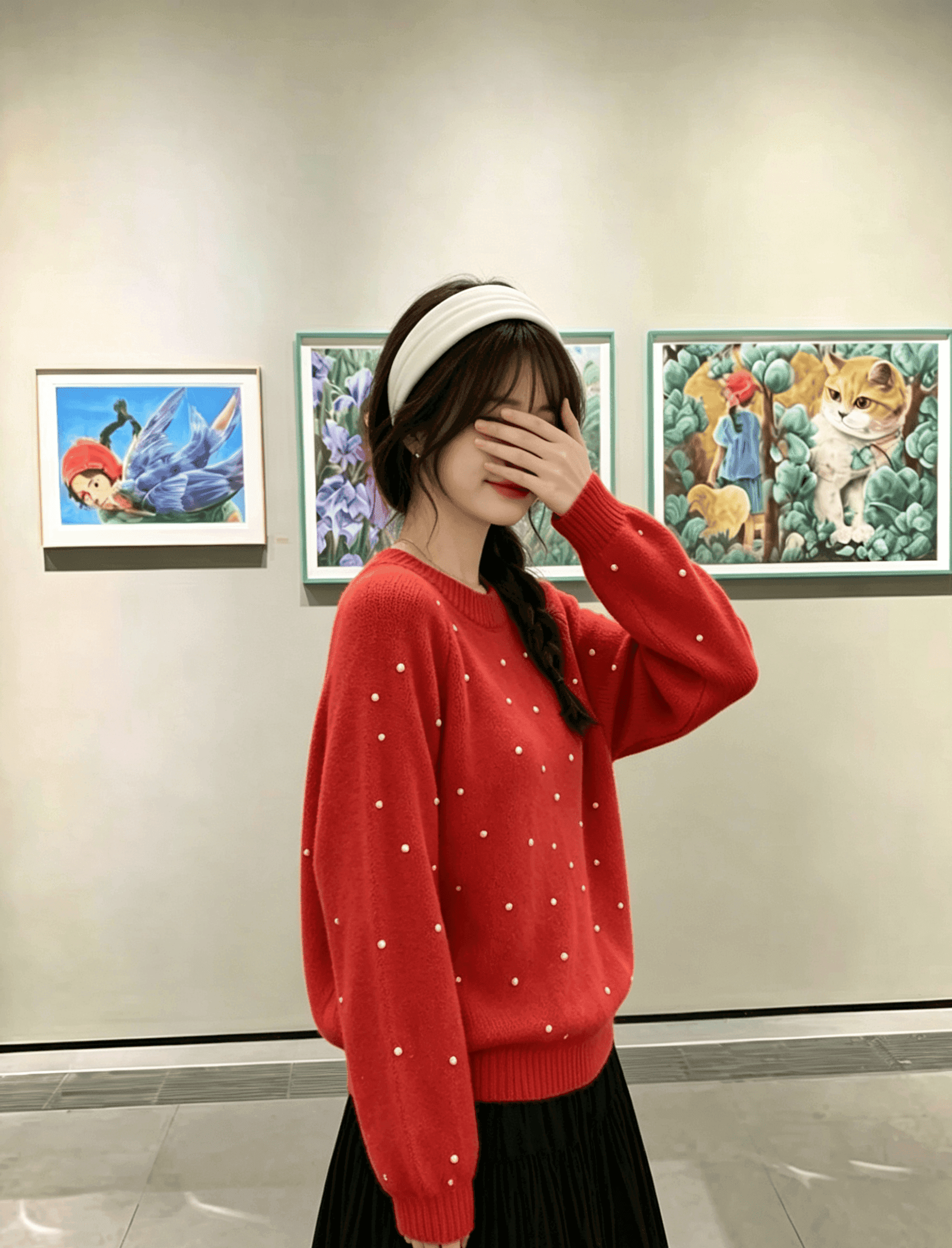 실사 빨간색 스팽글 너구리 플러시 풀오버 여성 겨울 루즈핏 느긋한 바람 부드러운 찹쌀 두꺼운 무거운 작업 니트 스웨터 상세 이미지 6