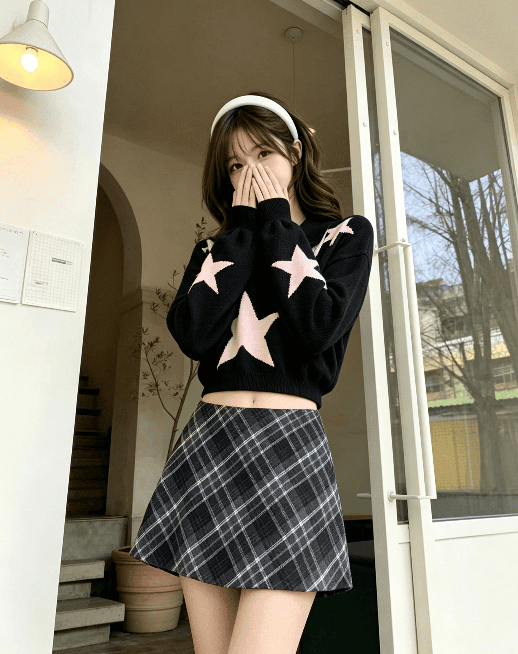 실사 블랙 분말 별 소녀 풀오버 V넥 스웨터 달콤한 매운맛 루즈핏 작은 대중 디자인 모직물 맨위 여성 가을 오리지널 상세 이미지 2