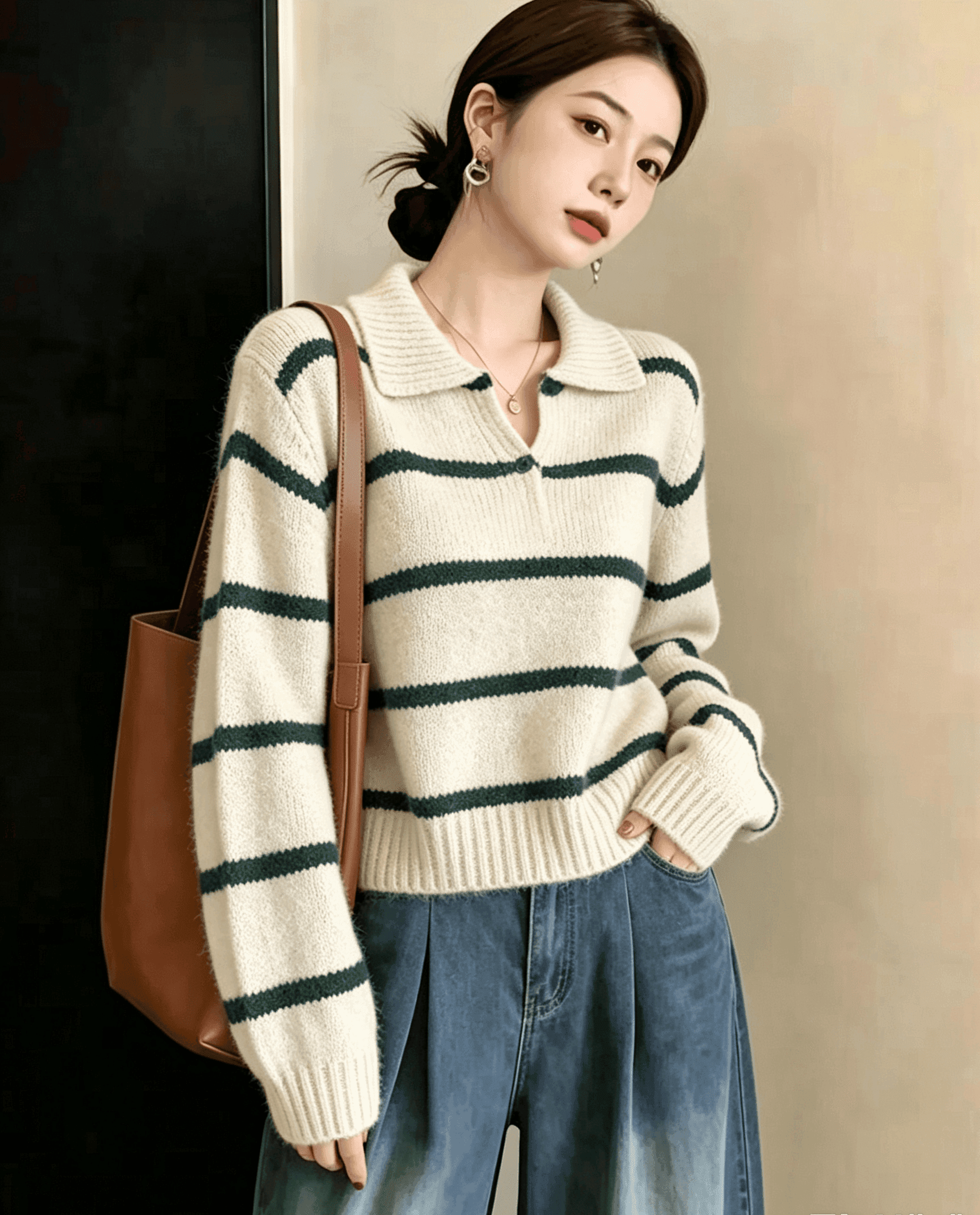 실사 녹색 스트라이프 POLO 칼라 풀오버 여성 의류 가을 겨울 새로운 와이드 부드러운 찹쌀 디자인 센스 배색 이미지 3