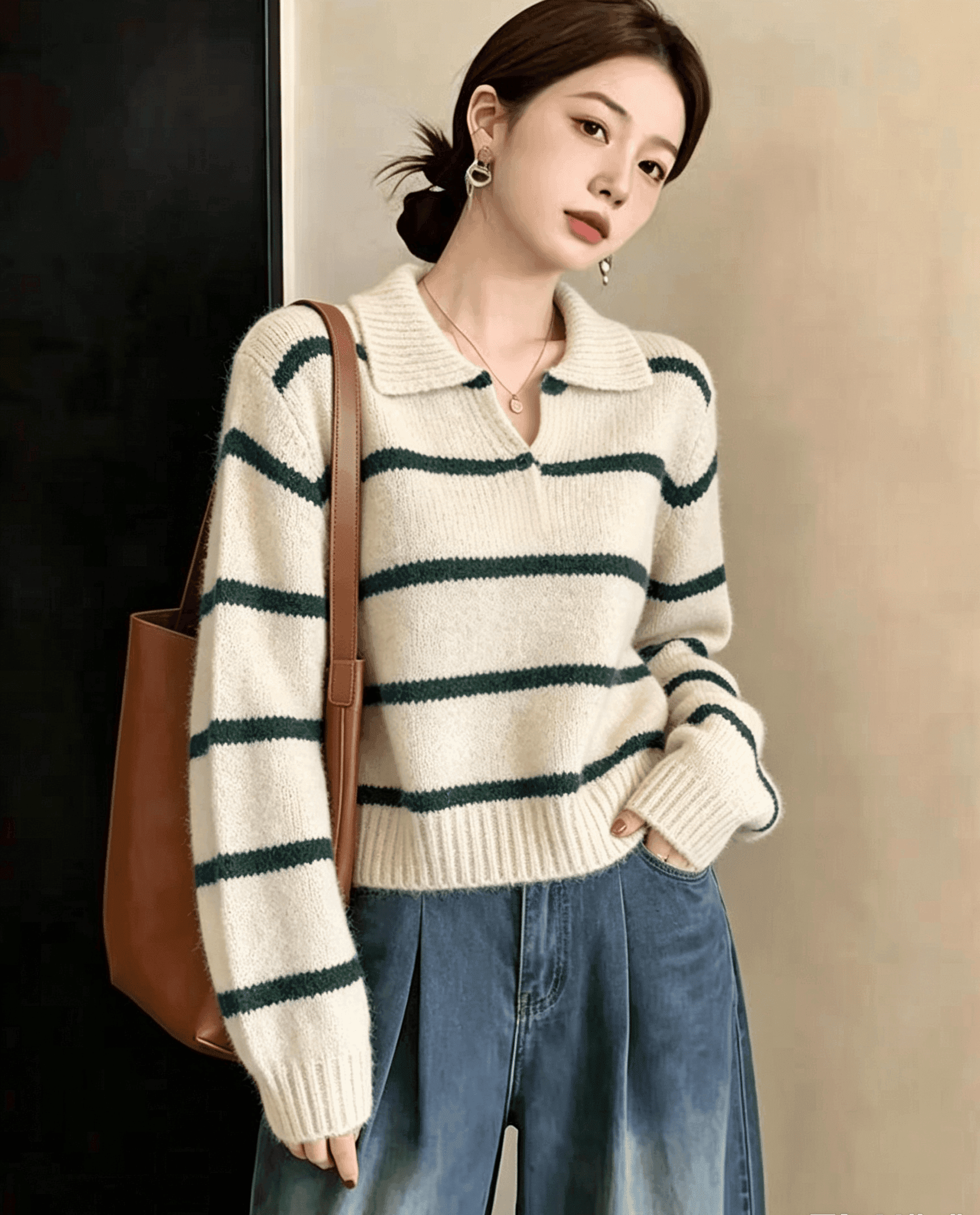 실사 녹색 스트라이프 POLO 칼라 풀오버 여성 의류 가을 겨울 새로운 와이드 부드러운 찹쌀 디자인 센스 배색 상세 이미지 1
