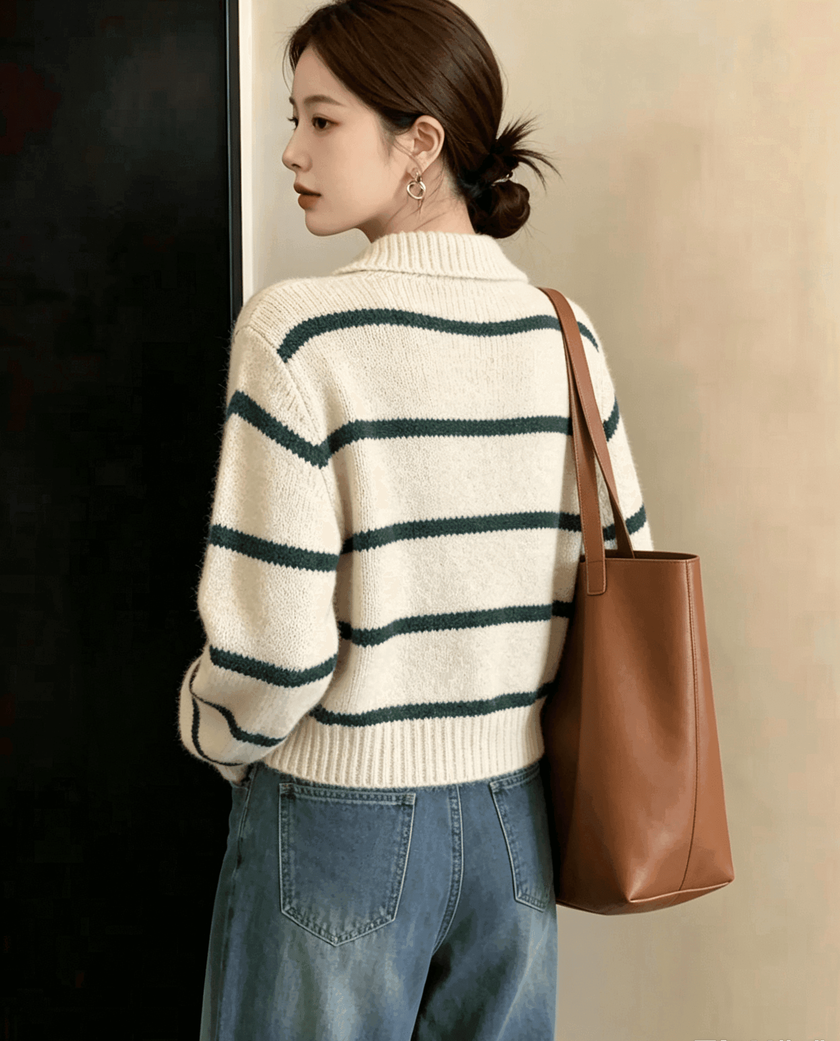 실사 녹색 스트라이프 POLO 칼라 풀오버 여성 의류 가을 겨울 새로운 와이드 부드러운 찹쌀 디자인 센스 배색 상세 이미지 5