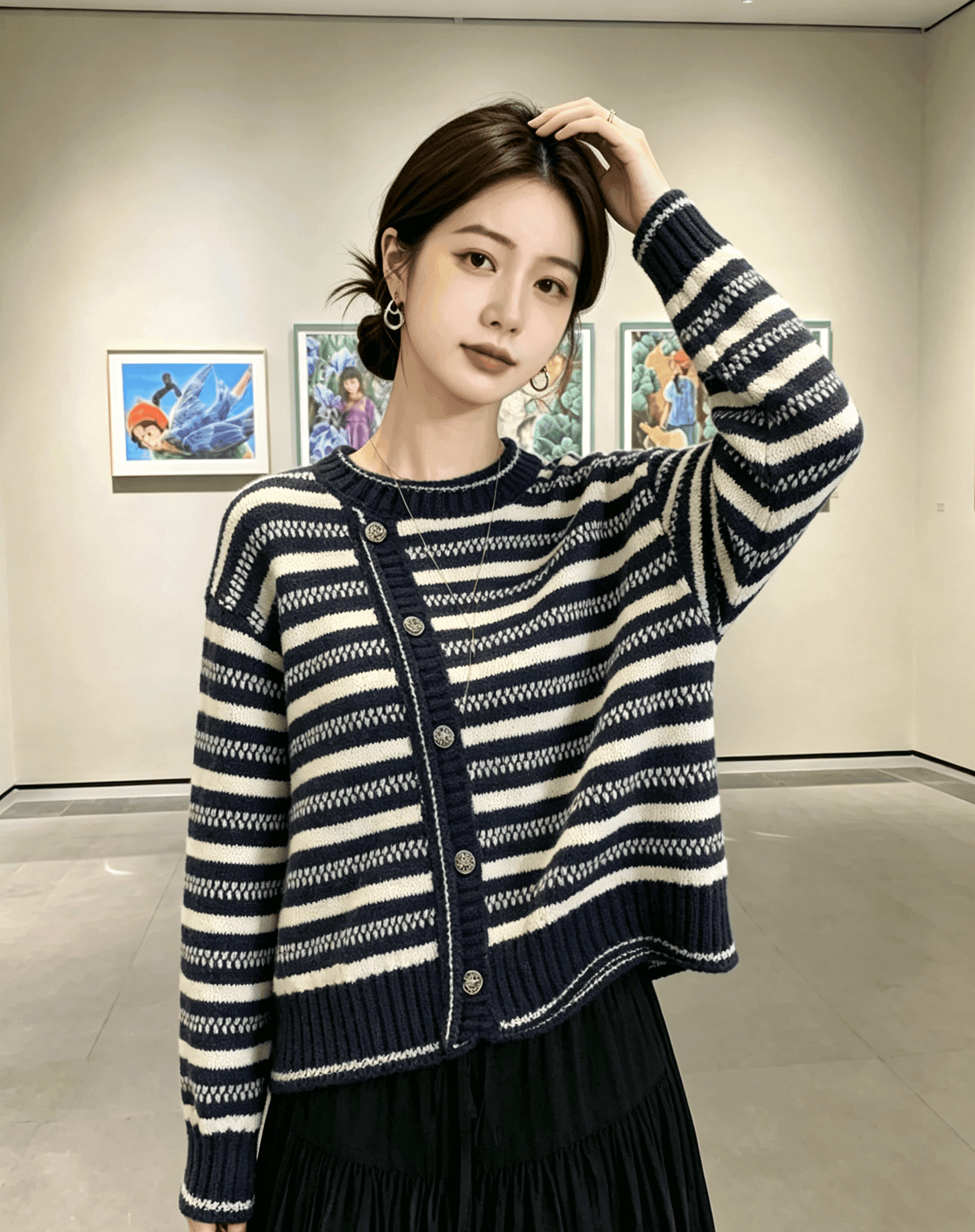실사 프랑스식 레트로 작은 샤넬 스타일 스트라이프 니트 스웨터 여성 가을 년 새로운 캐주얼 루즈핏 다용도 라운드 넥 스웨터