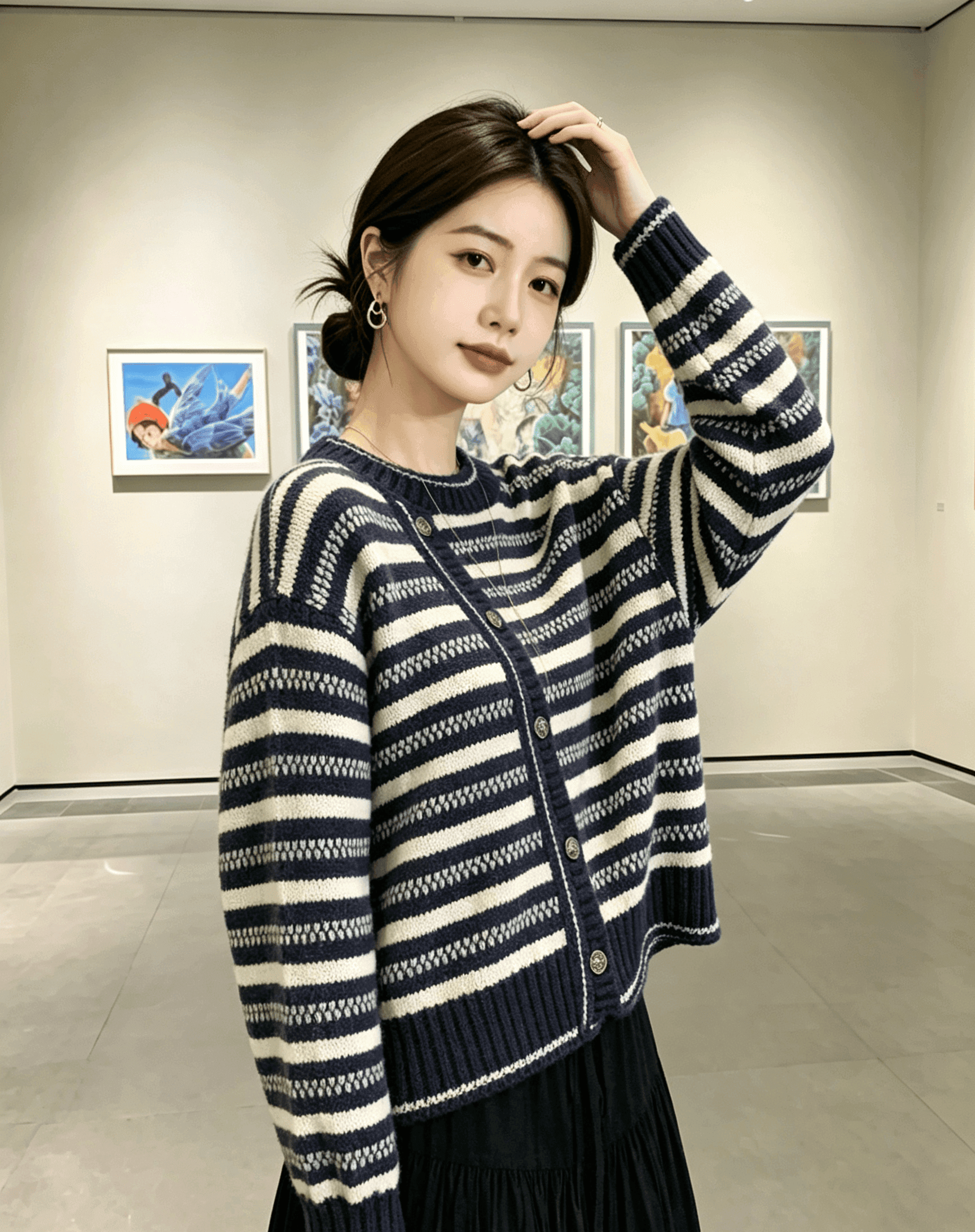 실사 프랑스식 레트로 작은 샤넬 스타일 스트라이프 니트 스웨터 여성 가을 년 새로운 캐주얼 루즈핏 다용도 라운드 넥 스웨터 상세 이미지 7