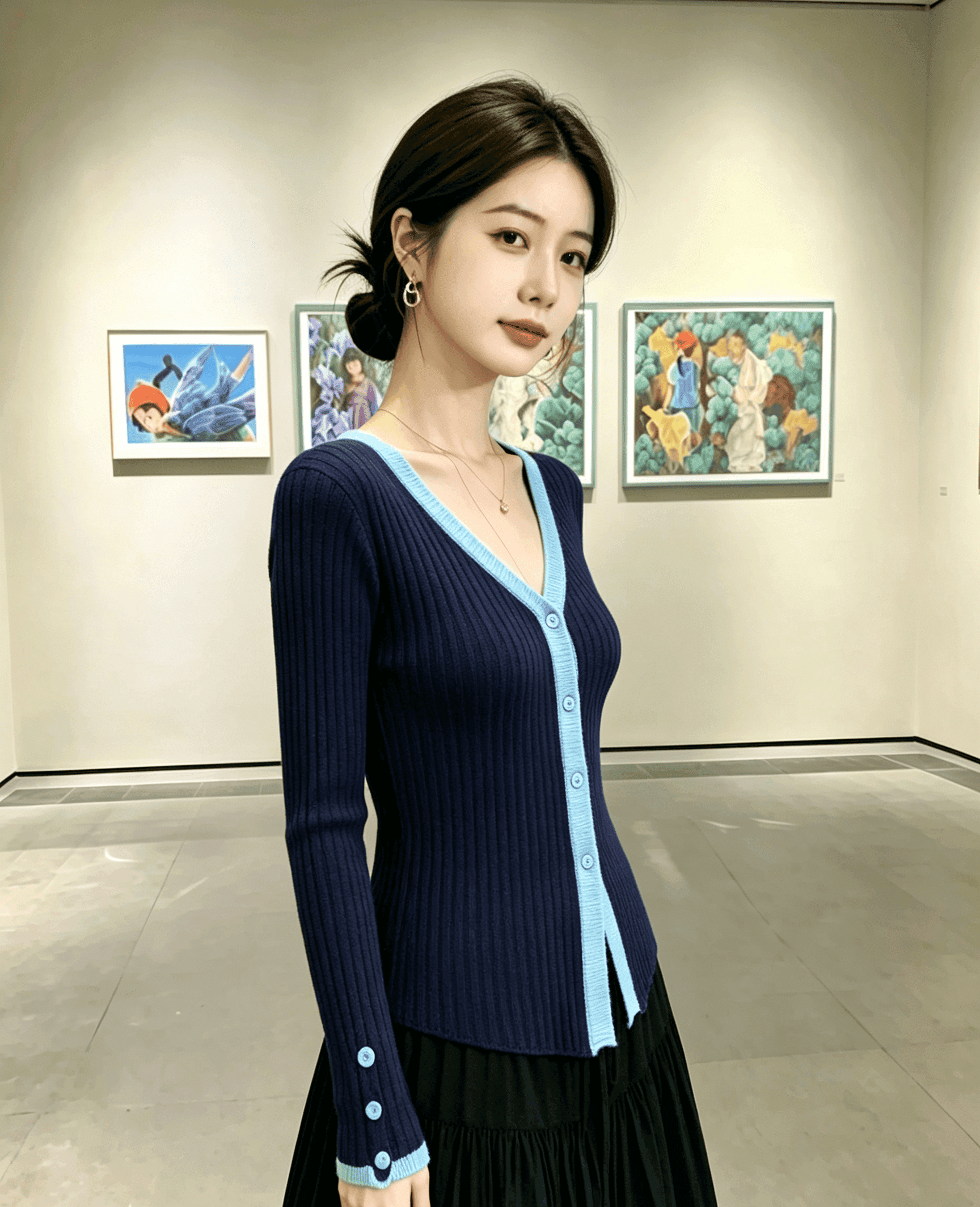 실사 프랑스식 V넥 블루 색상 니트 오픈 가디건 여성 이른 가을 새로운 고급 센스 몸매 가꾸기 쇼트 스타일 스웨터 코트 이미지 5