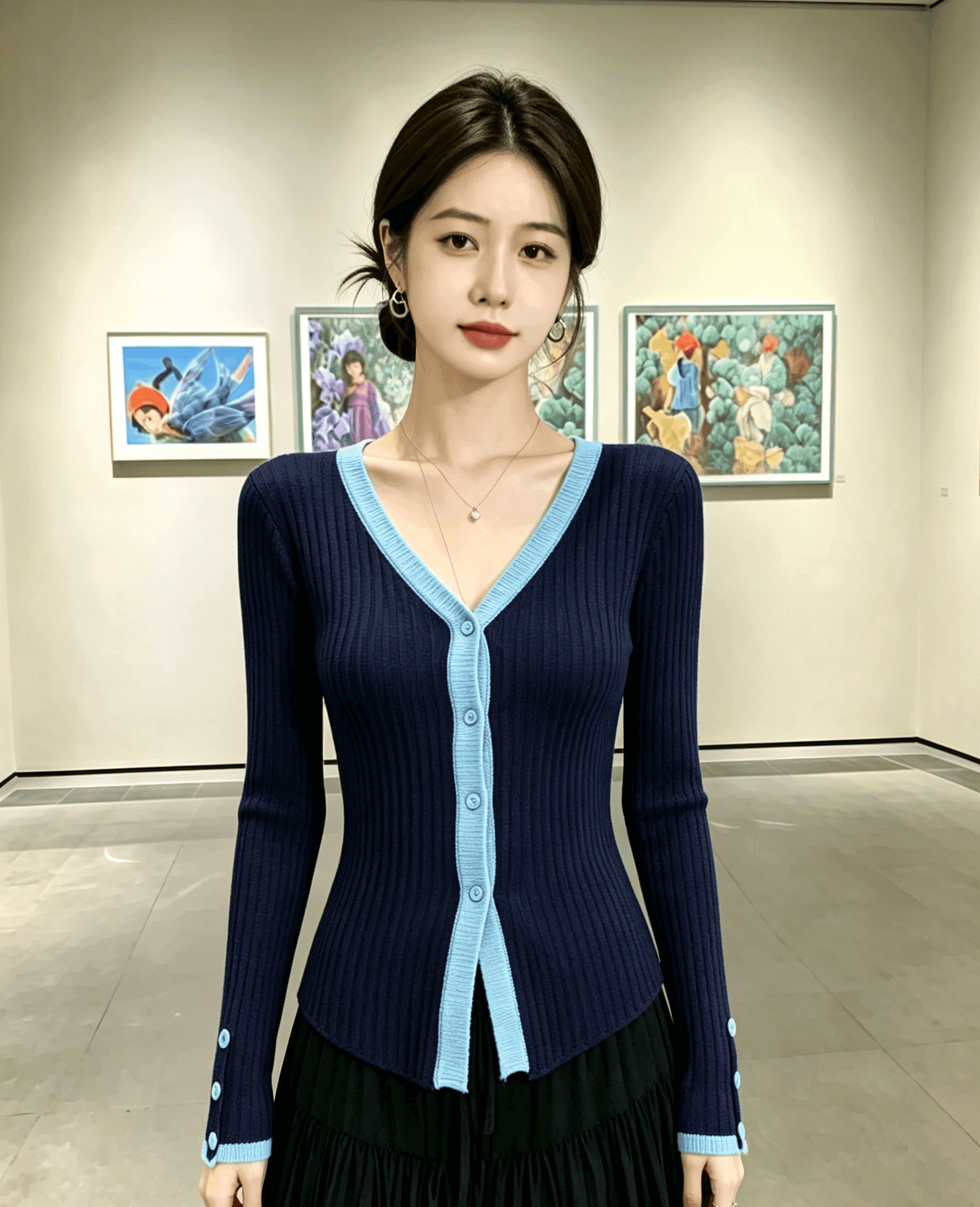 실사 프랑스식 V넥 블루 색상 니트 오픈 가디건 여성 이른 가을 새로운 고급 센스 몸매 가꾸기 쇼트 스타일 스웨터 코트 상세 이미지 2