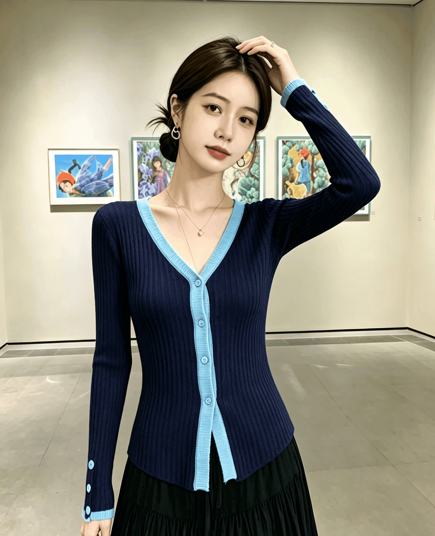 실사 프랑스식 V넥 블루 색상 니트 오픈 가디건 여성 이른 가을 새로운 고급 센스 몸매 가꾸기 쇼트 스타일 스웨터 코트 상세 이미지 4