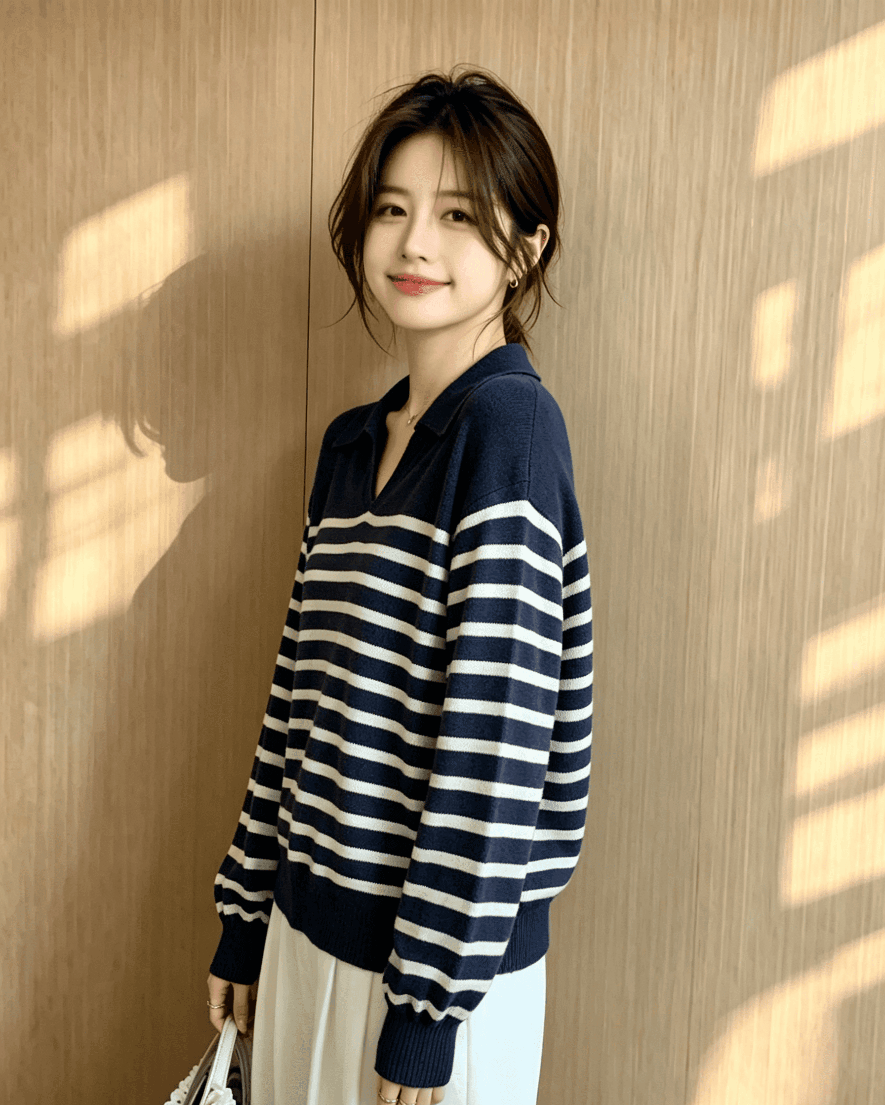 실사 새로운 여성 의류 느긋한 바람 스트라이프 polo 니트 스웨터 한 스타일 부드러운 바람 긴팔 맨위 이미지 4