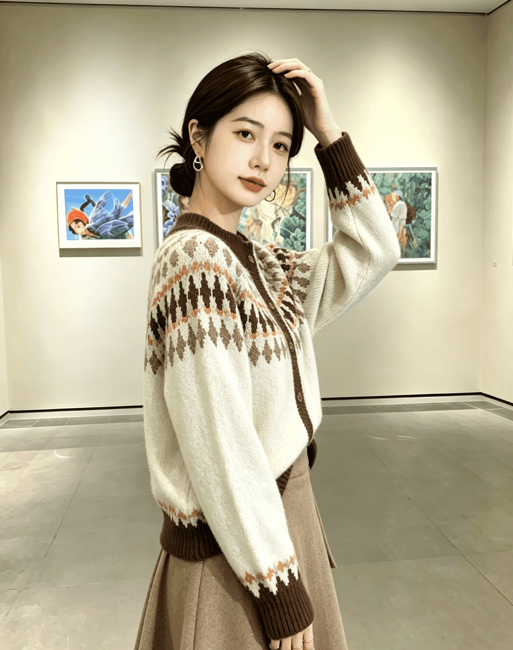 실사 한 부서 공정한 섬 배색 스웨터 여자 가을 겨울 새로운 니트 오픈 가디건 느긋한 두꺼운 재킷 맨위 상세 이미지 2