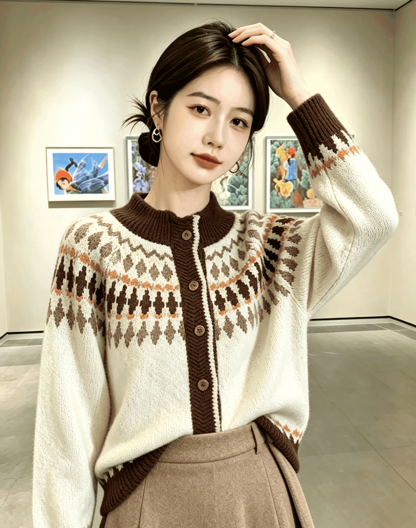 실사 한 부서 공정한 섬 배색 스웨터 여자 가을 겨울 새로운 니트 오픈 가디건 느긋한 두꺼운 재킷 맨위 상세 이미지 4