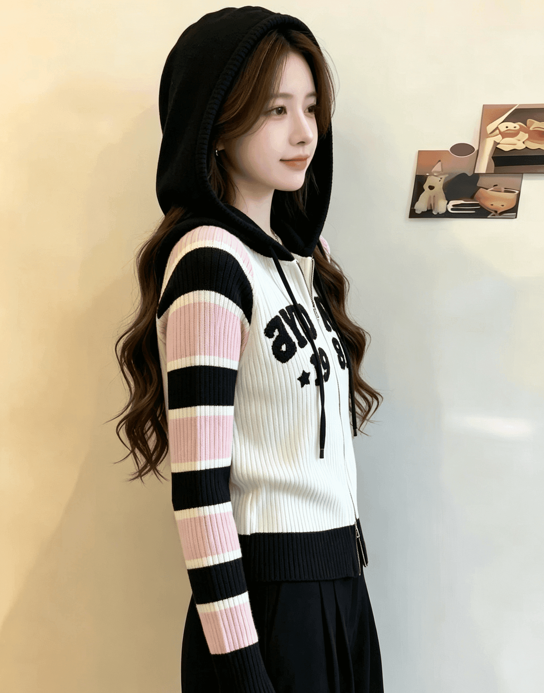실사 아메리칸 레트로 배색 스트라이프 패치 자수 후드 오픈 가디건 여성 2026 가을 새로운 긴팔 니트 스웨터 상세 이미지 6