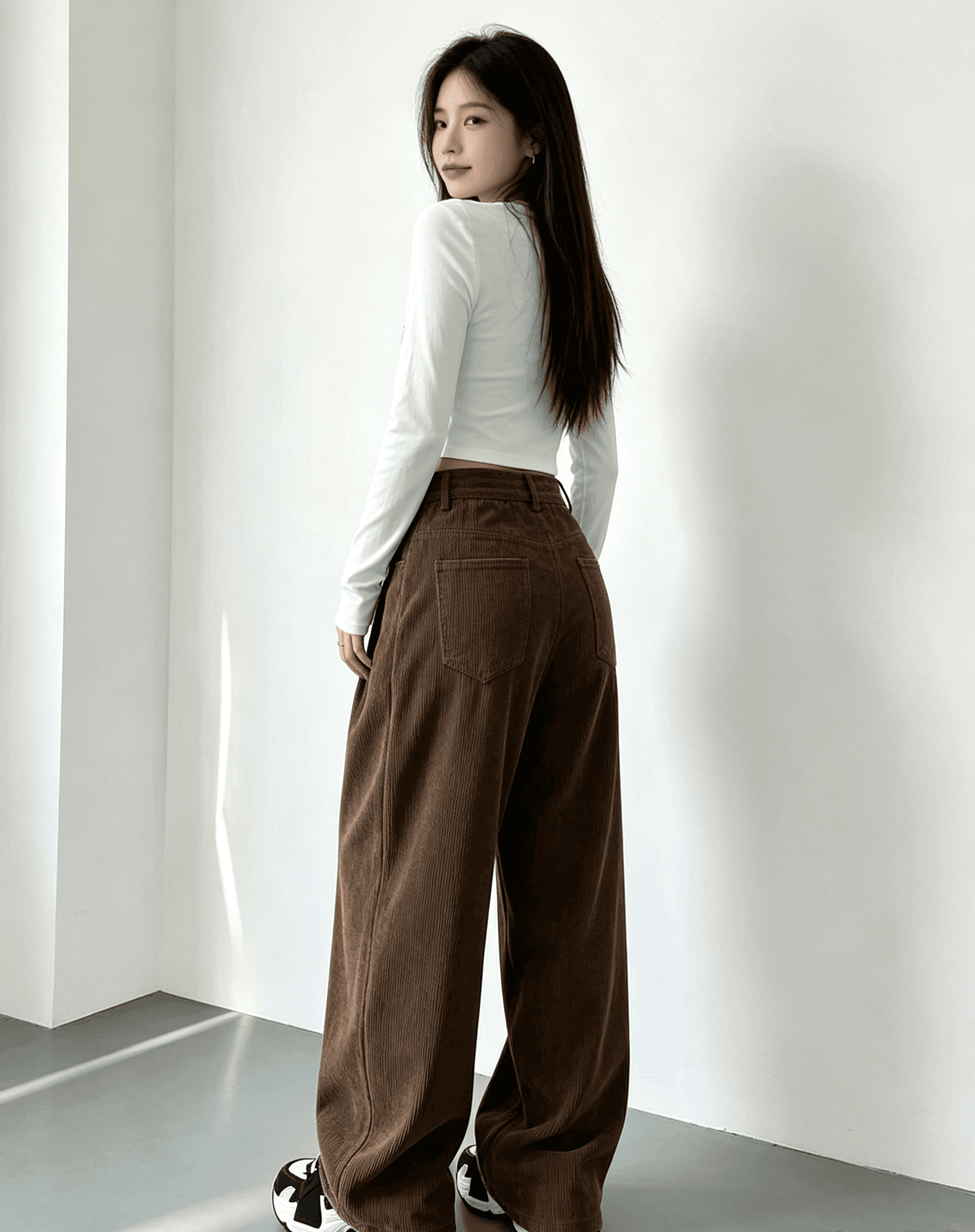 실사 회색 커피 색상 코듀로이 와이드 레그 팬츠 아메리칸 레트로 도루 센스 슬림해 보이는 외국 가스 스트레이트 팬츠 아이들 상세 이미지 4