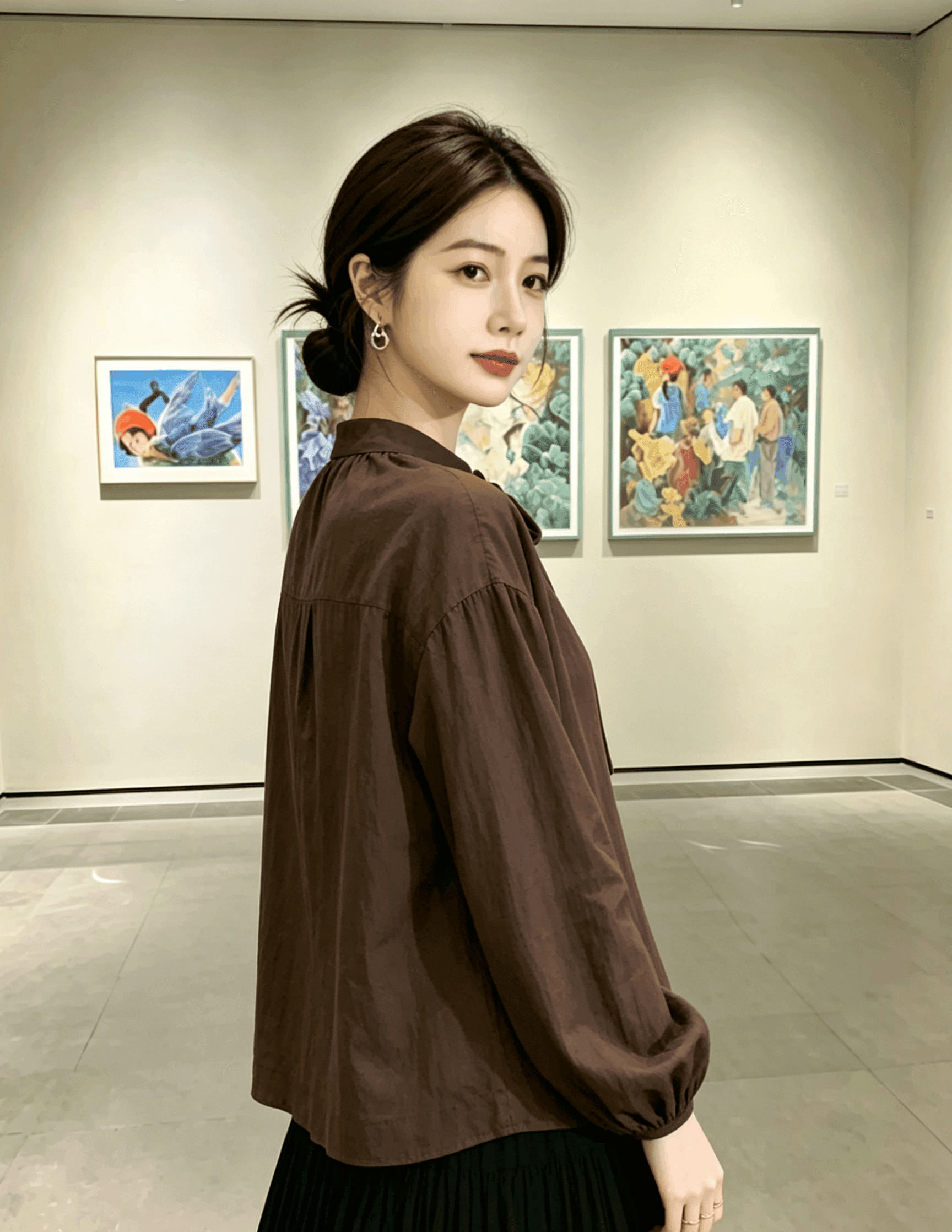 실사 한국 스타일 아름다움 라드. 레트로 디자인 센스 브라운 리본 V넥 벌룬 소매 셔츠 여성 셔츠 이미지 4