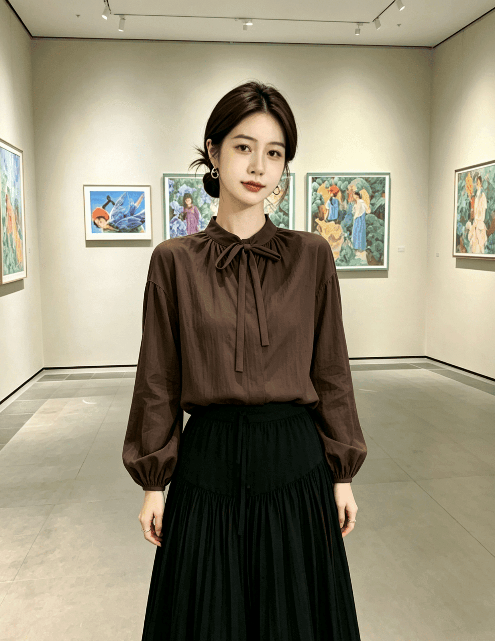 실사 한국 스타일 아름다움 라드. 레트로 디자인 센스 브라운 리본 V넥 벌룬 소매 셔츠 여성 셔츠