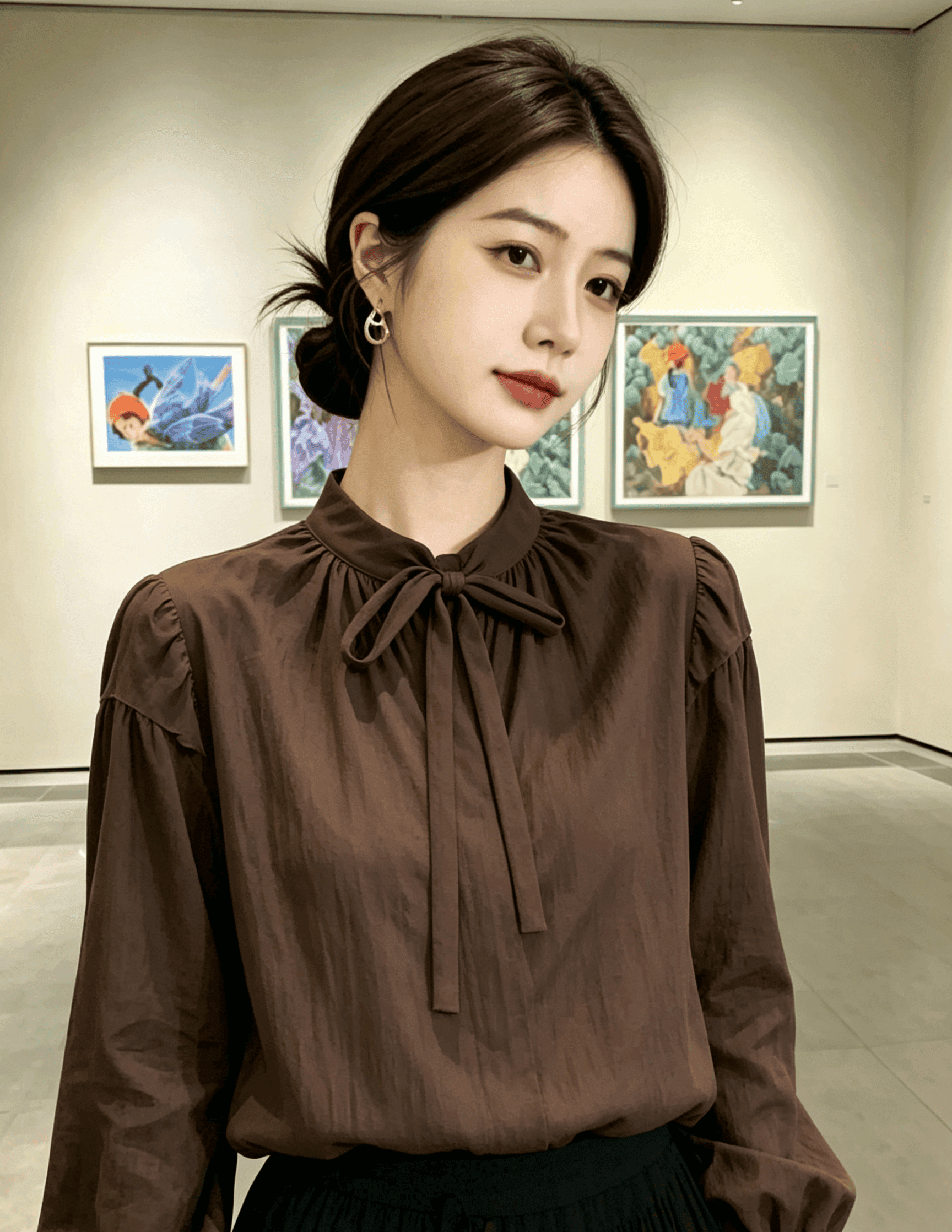 실사 한국 스타일 아름다움 라드. 레트로 디자인 센스 브라운 리본 V넥 벌룬 소매 셔츠 여성 셔츠 상세 이미지 2