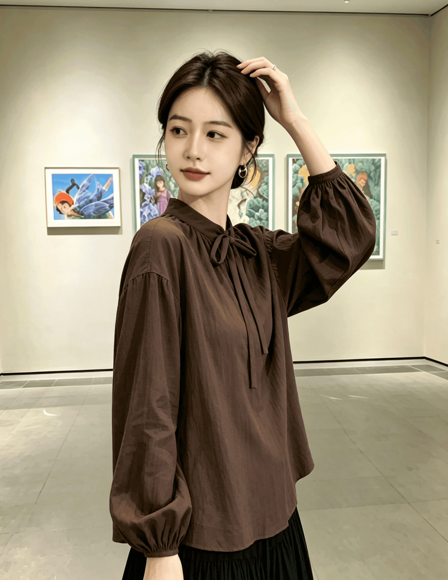 실사 한국 스타일 아름다움 라드. 레트로 디자인 센스 브라운 리본 V넥 벌룬 소매 셔츠 여성 셔츠 상세 이미지 4