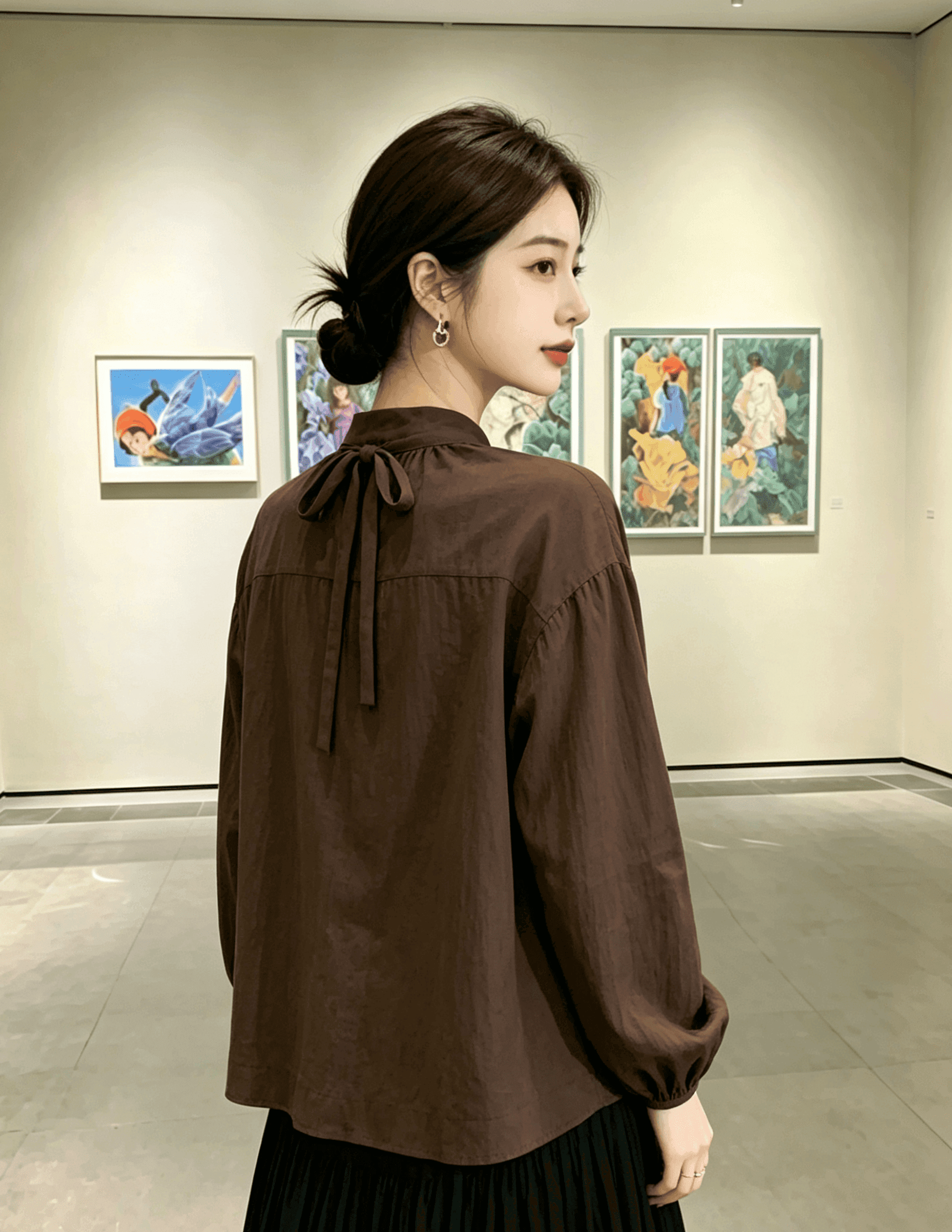 실사 한국 스타일 아름다움 라드. 레트로 디자인 센스 브라운 리본 V넥 벌룬 소매 셔츠 여성 셔츠 상세 이미지 5