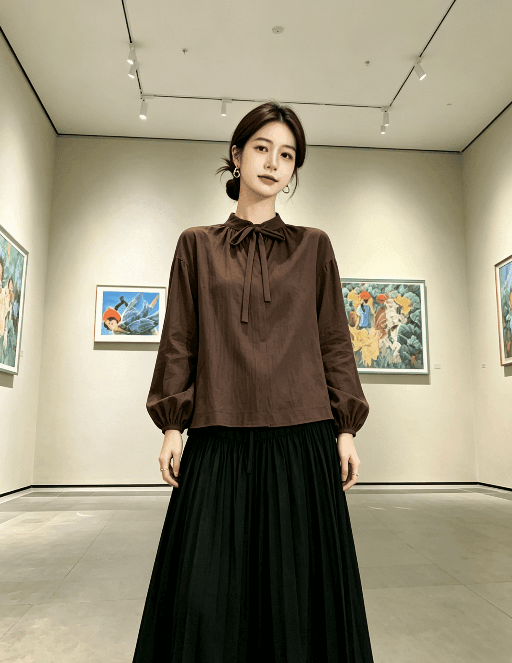 실사 한국 스타일 아름다움 라드. 레트로 디자인 센스 브라운 리본 V넥 벌룬 소매 셔츠 여성 셔츠 상세 이미지 6