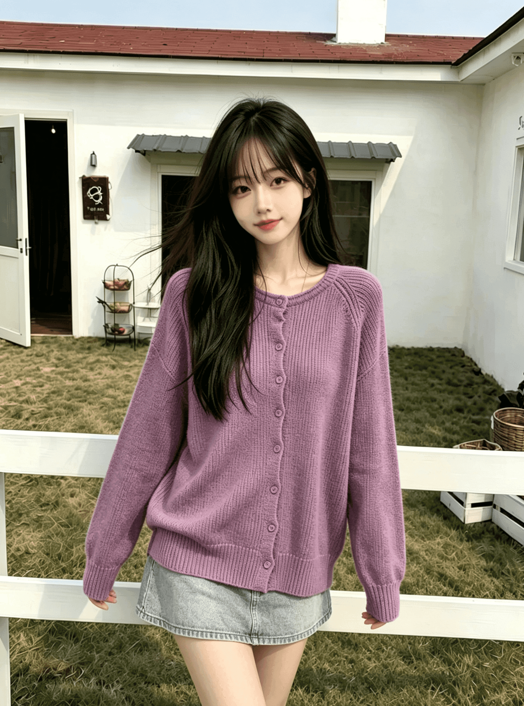 실사 스웨터 여자 가을 겨울 부드러운 바람 느긋한 루즈핏 레트로 슈퍼 잘 생긴 보라색 긴팔 니트 오픈 가디건 맨위 상세 이미지 6