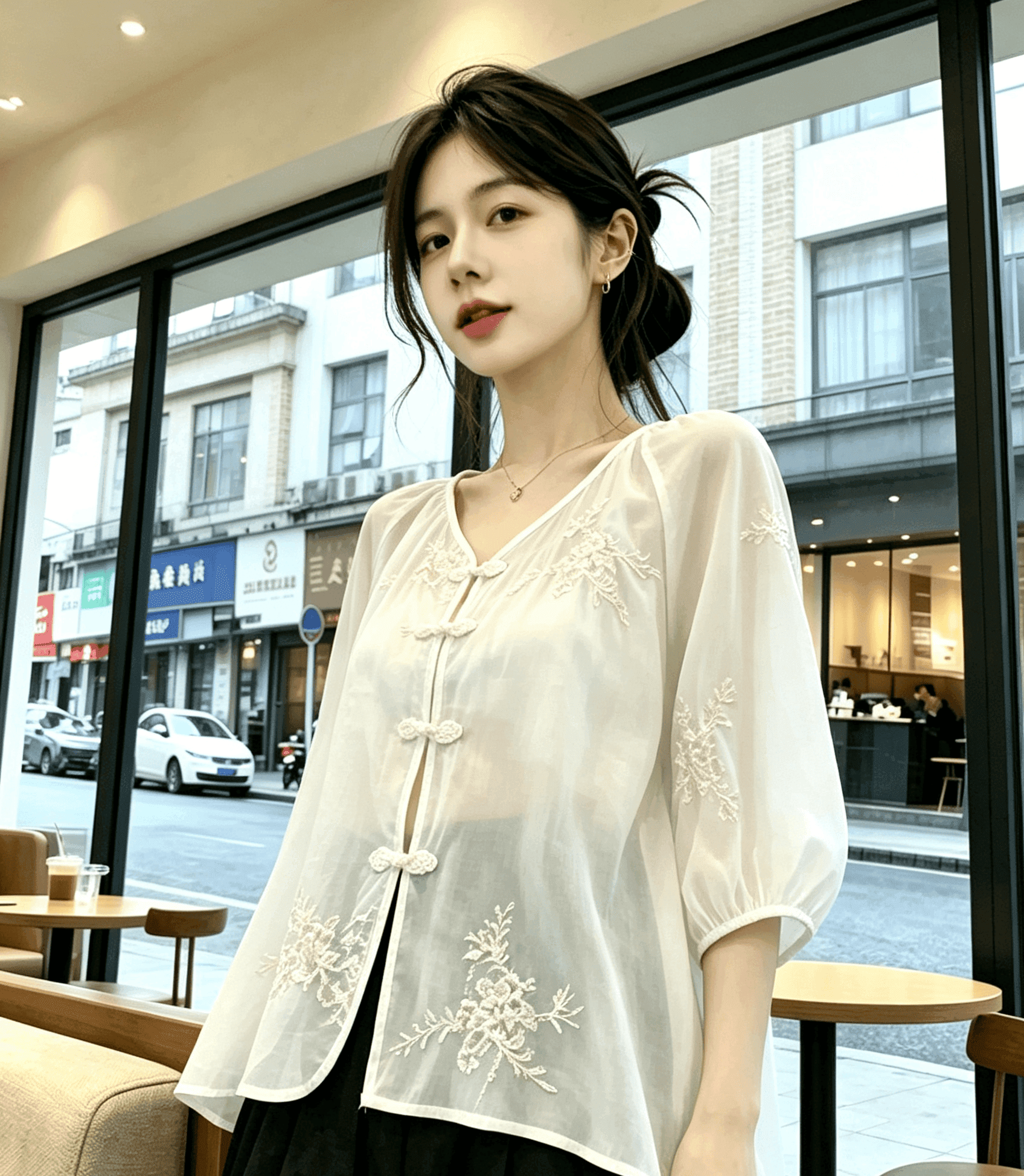 실사 새로운 중식 다용도 얇고 가벼운 국풍 자수 자카드 V넥 9부 소매 여성 셔츠 여름 이미지 2