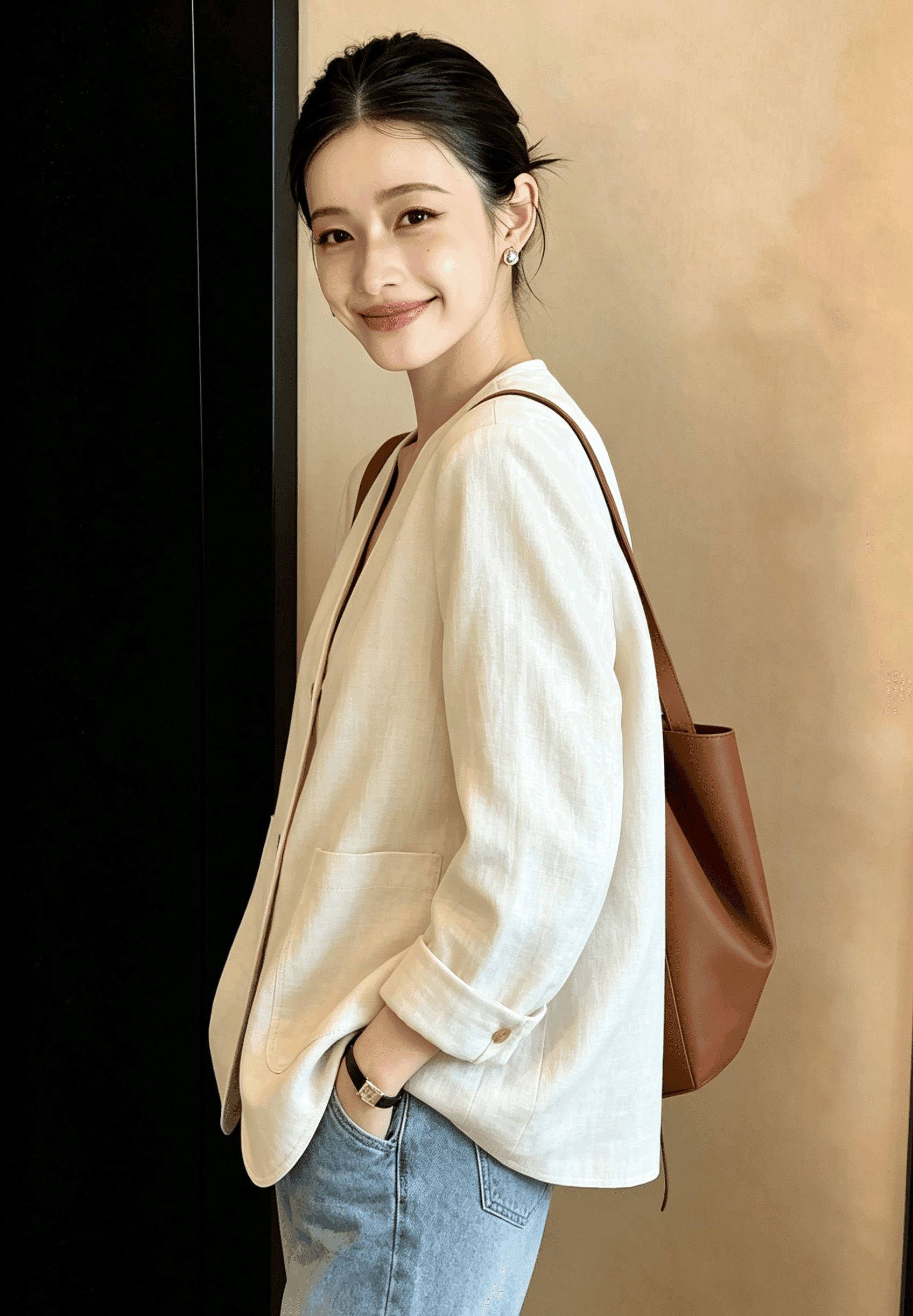 실사 2026 새로운 패션 다용도 V넥 싱글 줄 버튼 루즈핏 슬림해 보이는 아마 정장 여성 이미지 4
