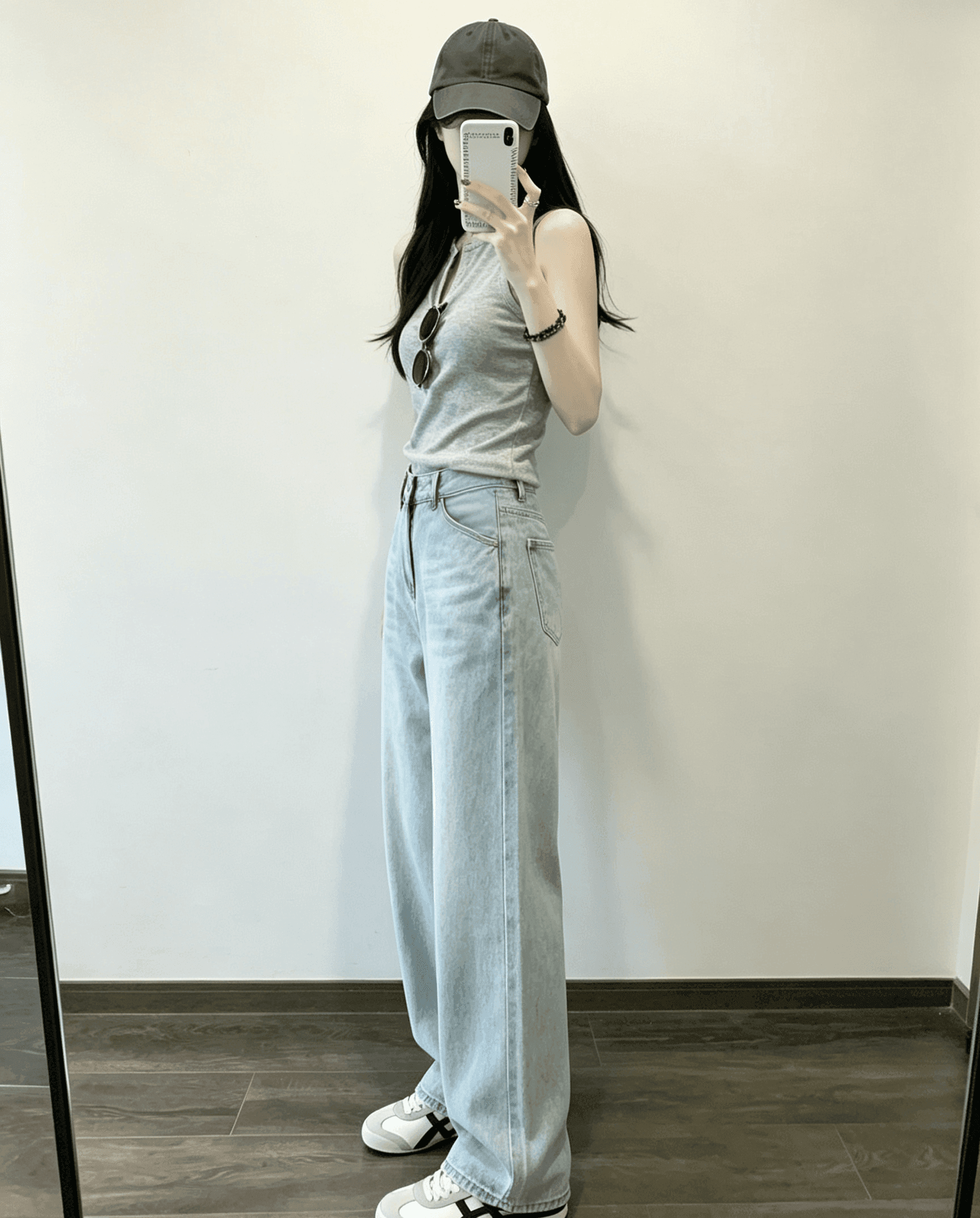 실사 하늘색 워싱 주머니 자수 청바지 여성 봄 디자인 센스 와이드 레그 팬츠 어린이 이미지 3