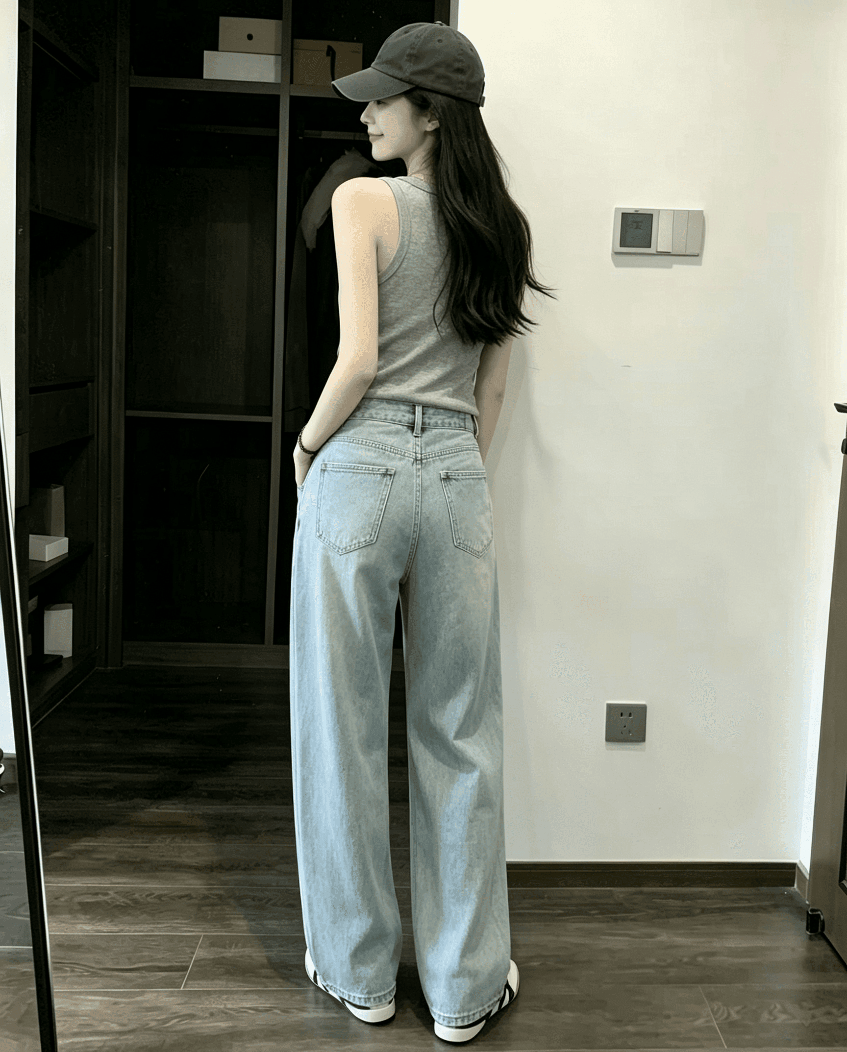 실사 하늘색 워싱 주머니 자수 청바지 여성 봄 디자인 센스 와이드 레그 팬츠 어린이 상세 이미지 4