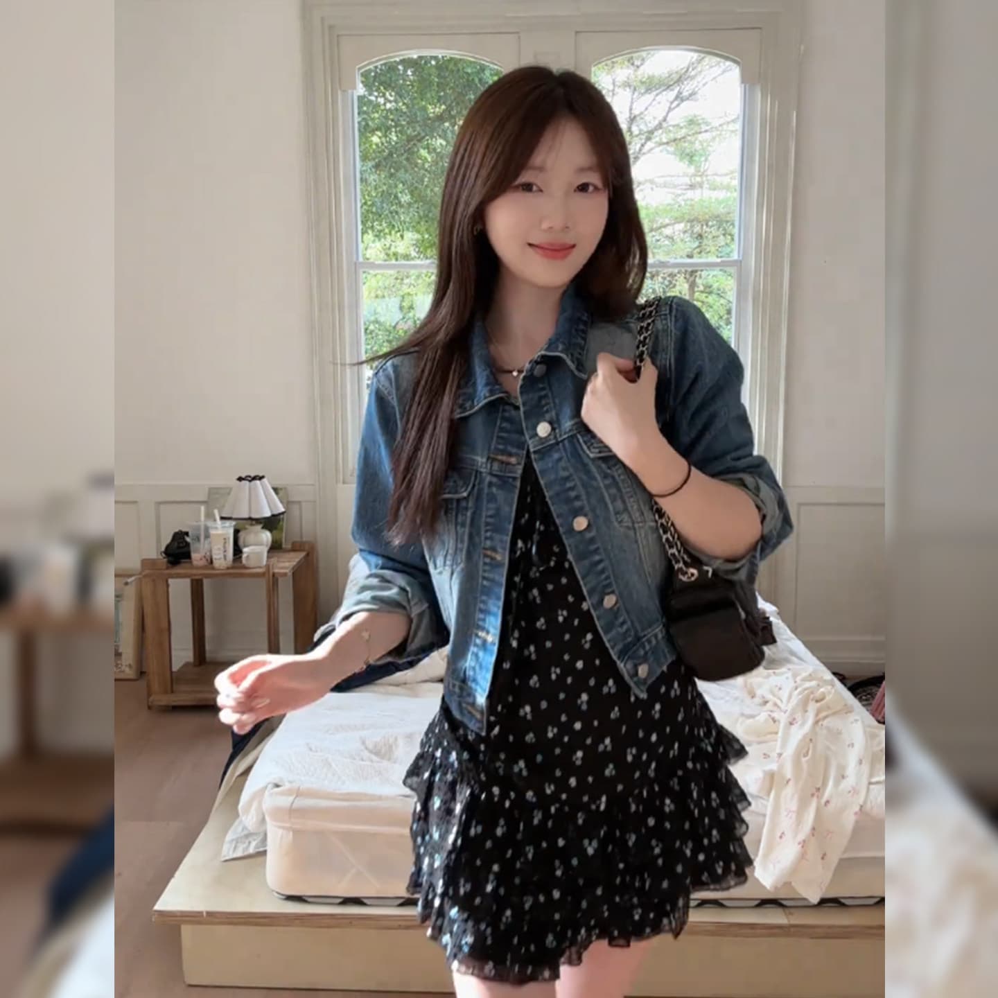 데님 재킷 꽃무늬 슬립 드레스 투피스 세트 이미지 6