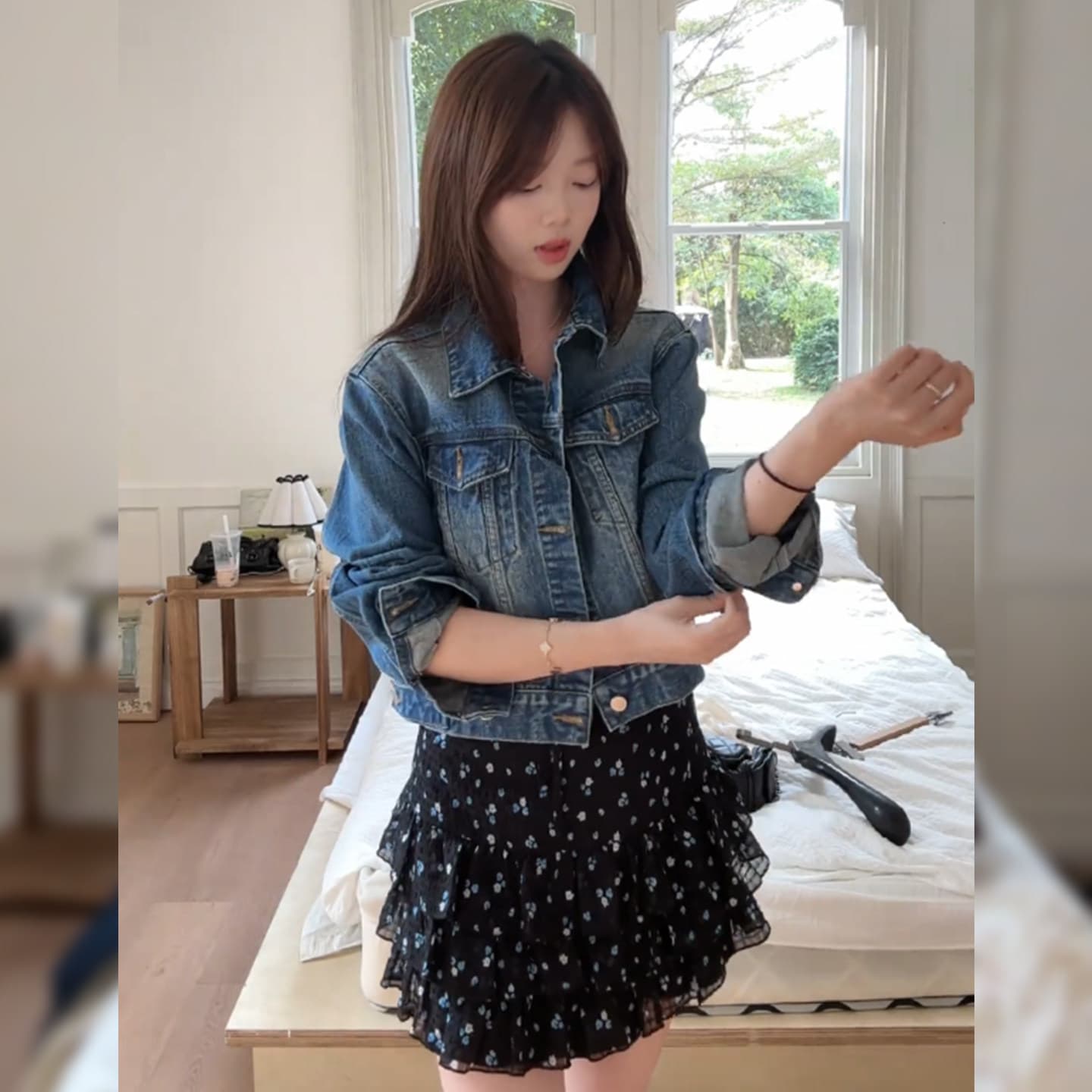 데님 재킷 꽃무늬 슬립 드레스 투피스 세트 이미지 5