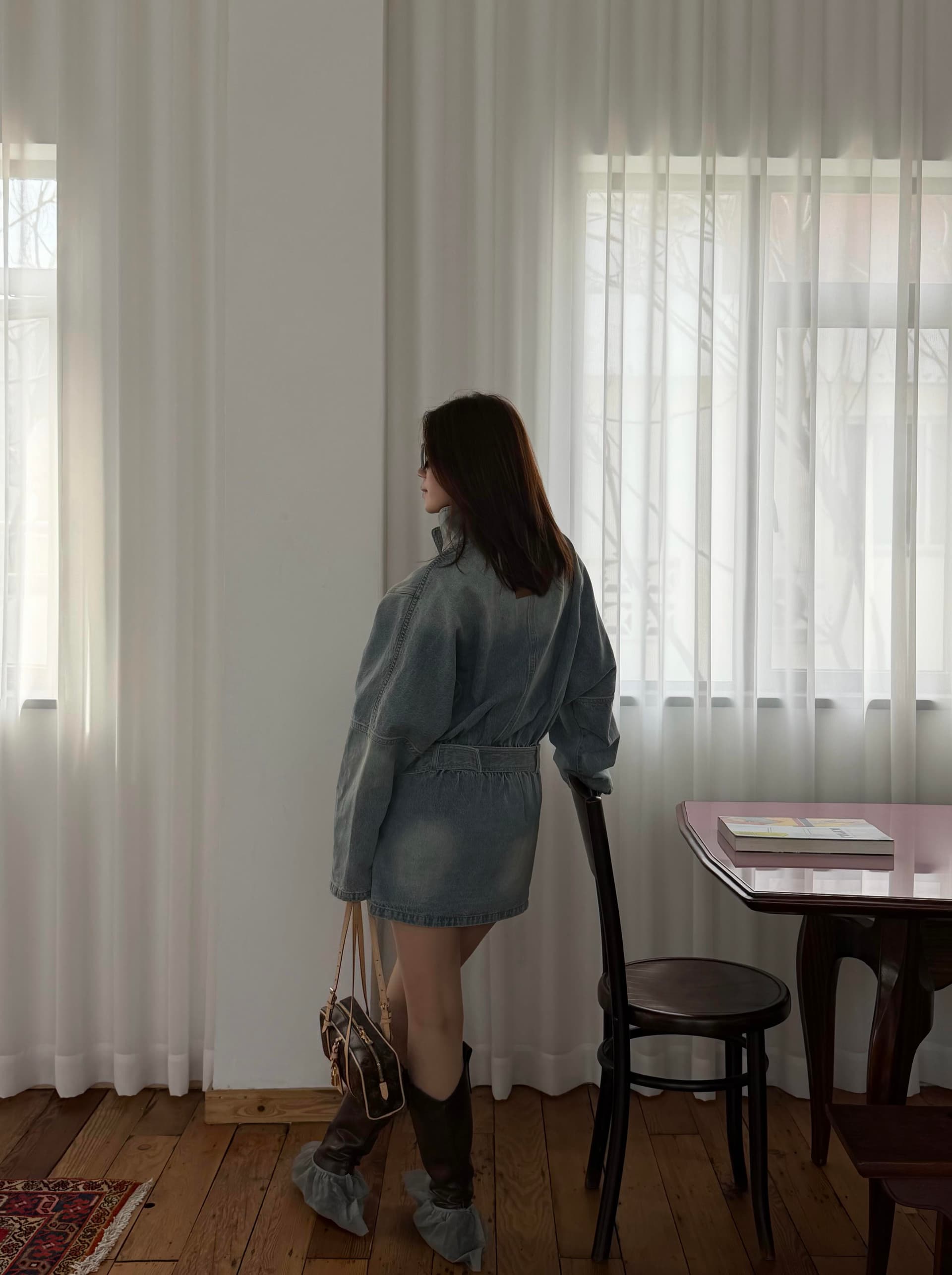 현대 가스 필드 허리 수축 데님 드레스 워크웨어 스탠드 칼라 미니 스커트 상세 이미지 14