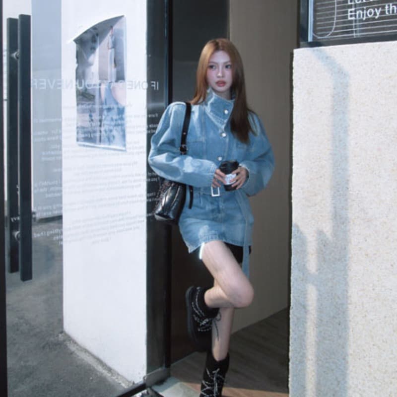 현대 가스 필드 허리 수축 데님 드레스 워크웨어 스탠드 칼라 미니 스커트 이미지 5